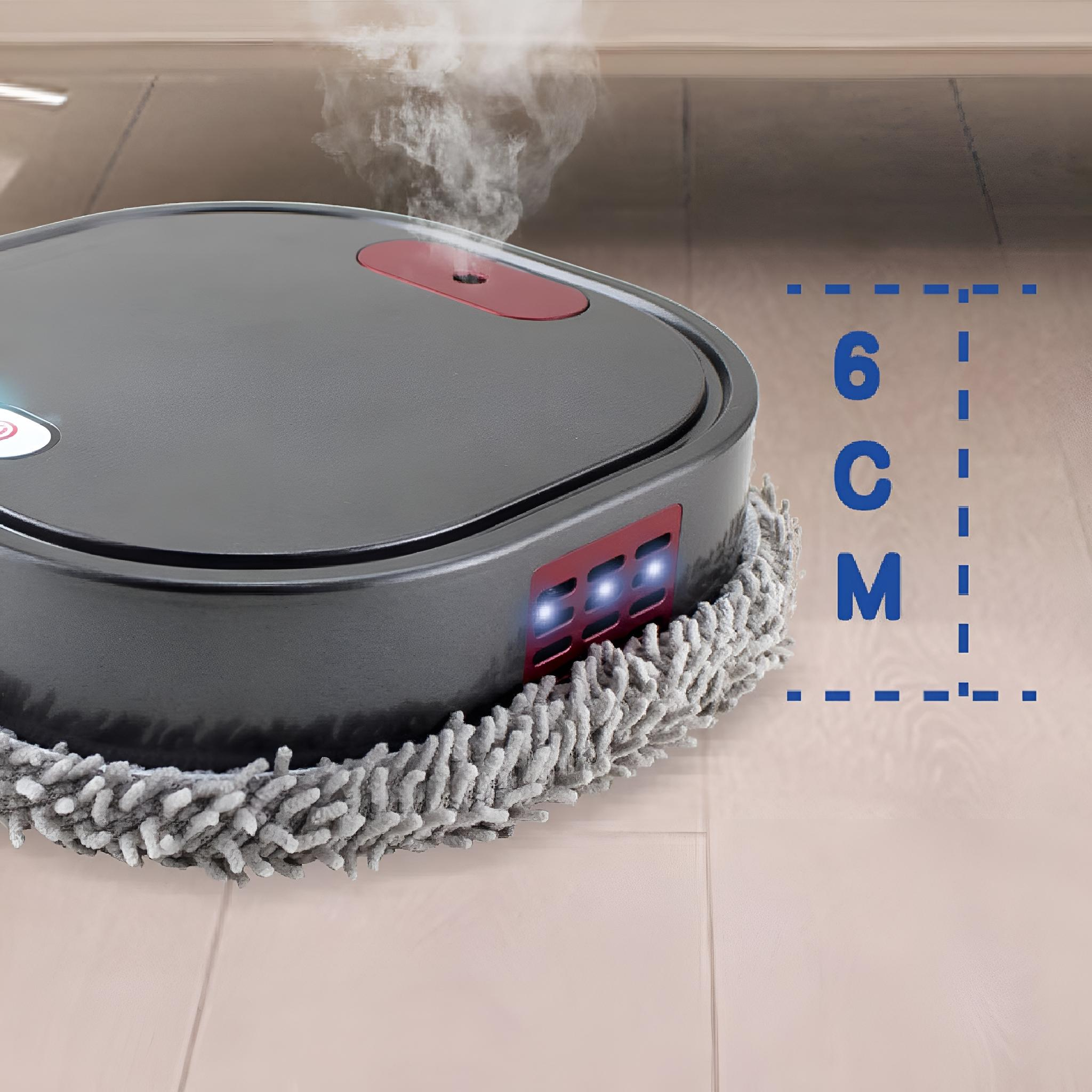 Ein grauer Roboter-Bodenreiniger mit Dampf und 6 cm Messung auf der rechten Seite.