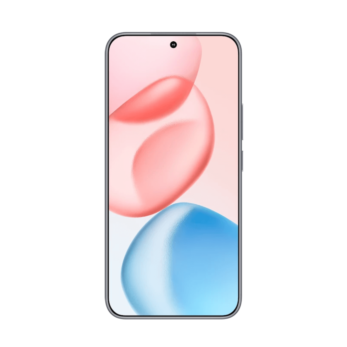 Smartfon z dużym ekranem pokazującym różowe i niebieskie abstrakcyjne kształty. Telefon jest czarny.