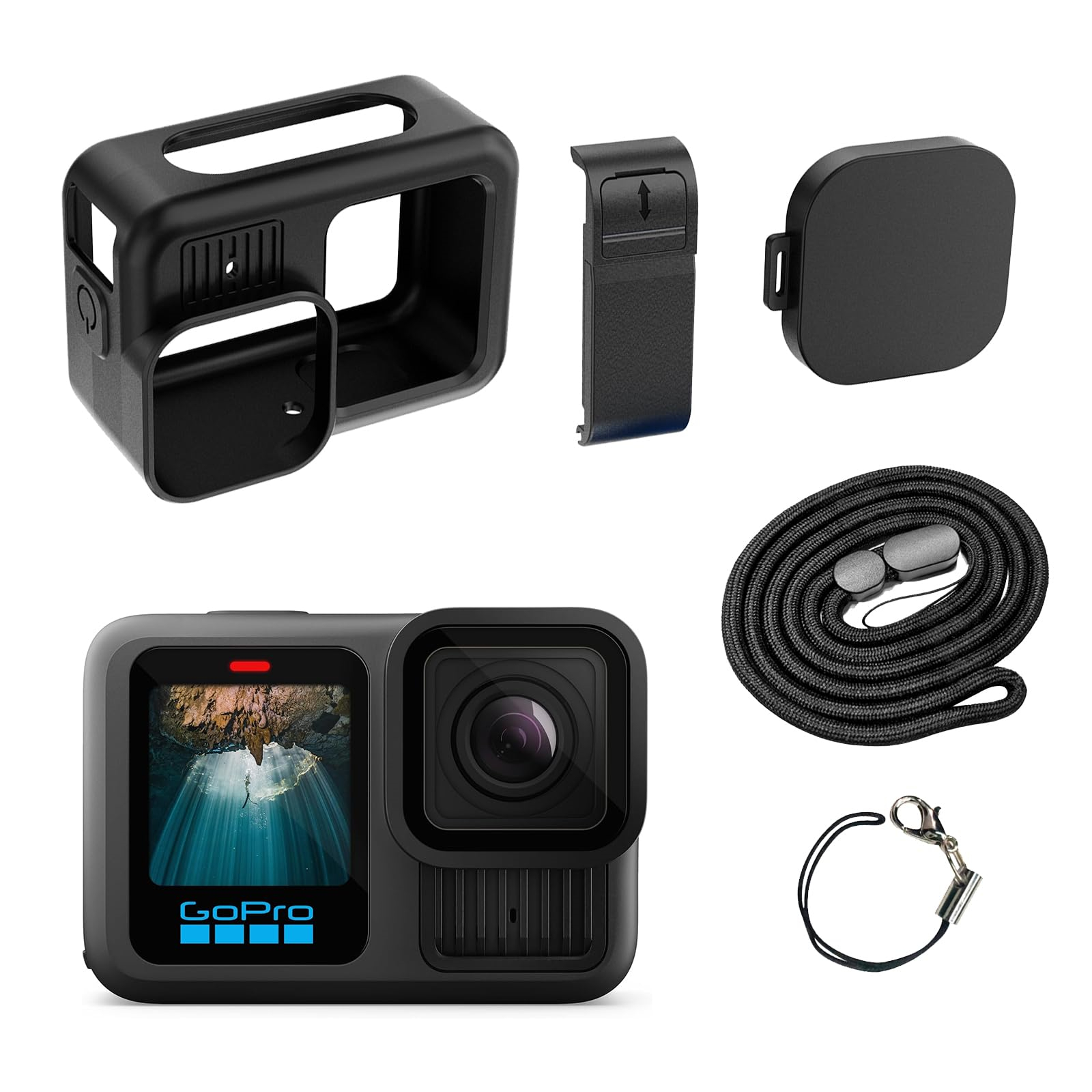 Eine GoPro-Kamera mit Zubehör: Gehäuse, Abdeckung, Objektivkappe, Umhängeband und Kamera.