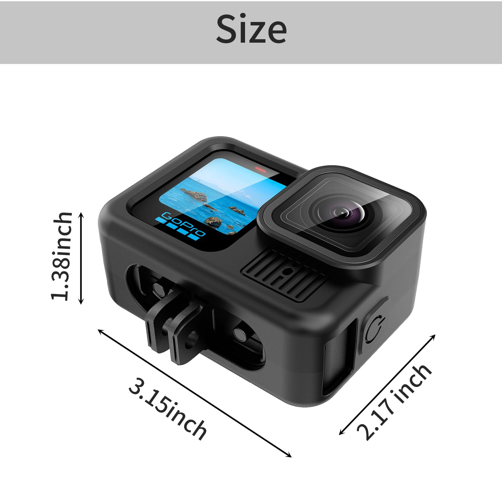 Eine schwarze GoPro-Kamera mit angezeigten Abmessungen. Sie ist 3,15 Zoll lang, 2,17 Zoll breit und 1,38 Zoll hoch.