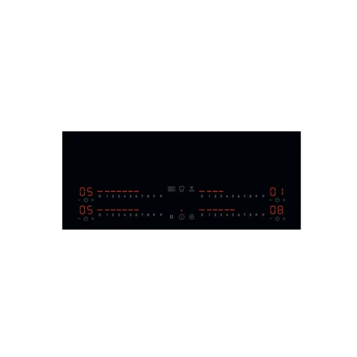 Primo piano di un piano cottura nero con display digitali rossi che mostrano numeri e simboli.
