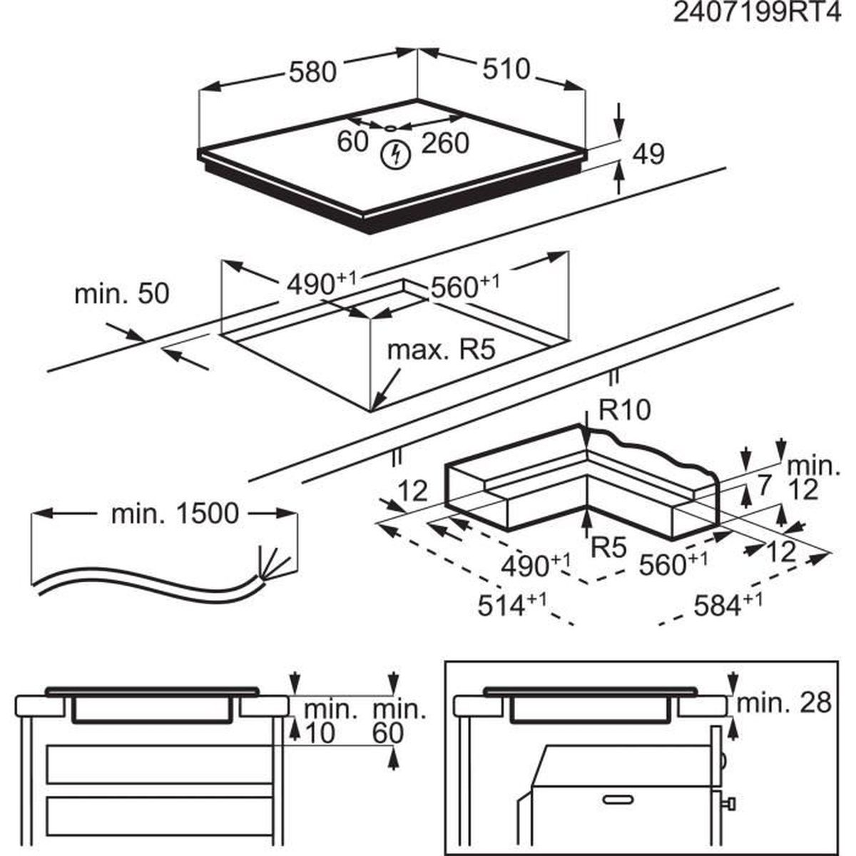 Disegno tecnico di un piano cottura con dimensioni, che mostra le dimensioni del taglio e altri dettagli.