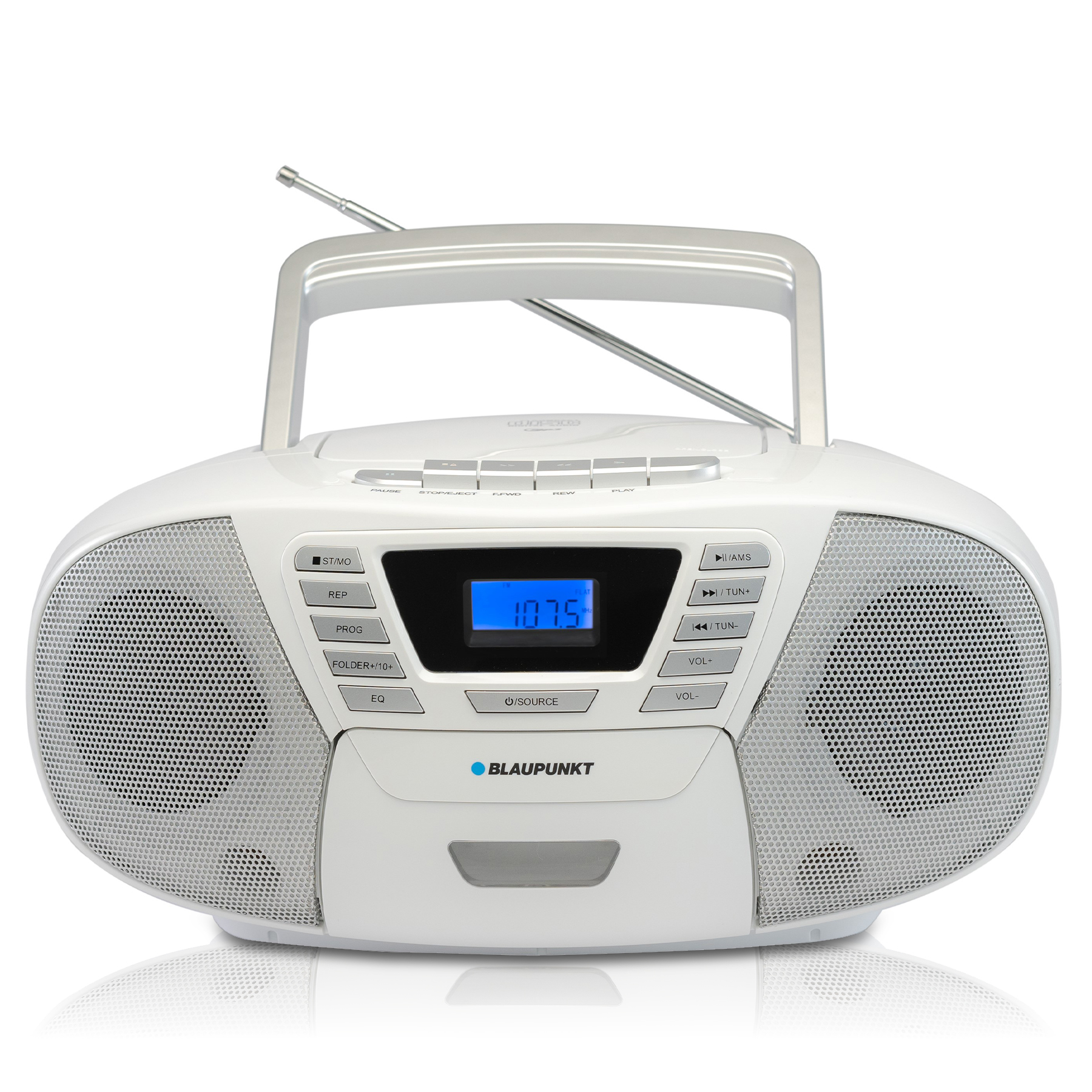 Ein weißes Radio mit Griff und Antenne, mit digitaler Anzeige.