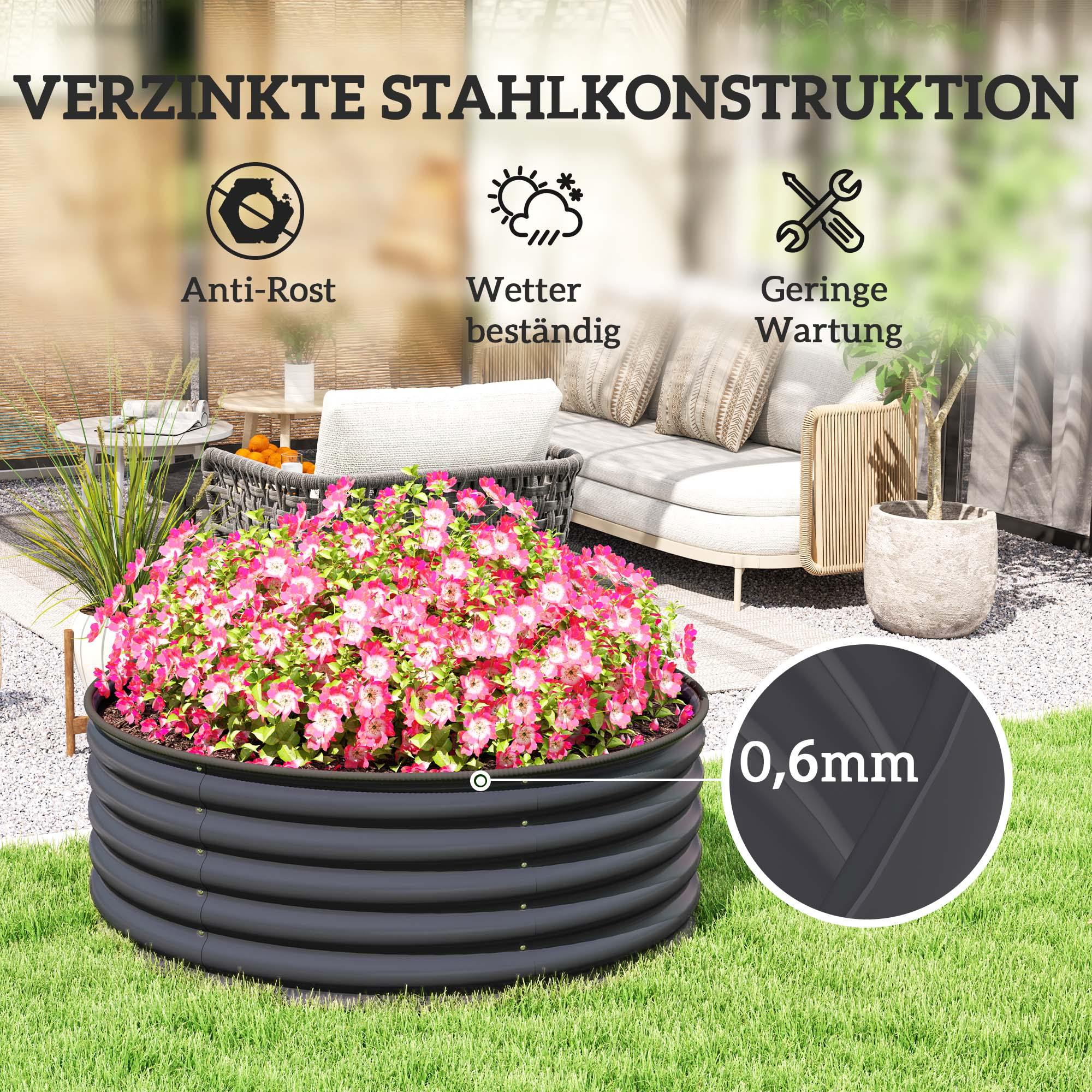 Ein rundes Hochbeet mit rosa Blumen gefüllt. Der Text beschreibt Eigenschaften wie Rostschutz und Wetterbeständigkeit.