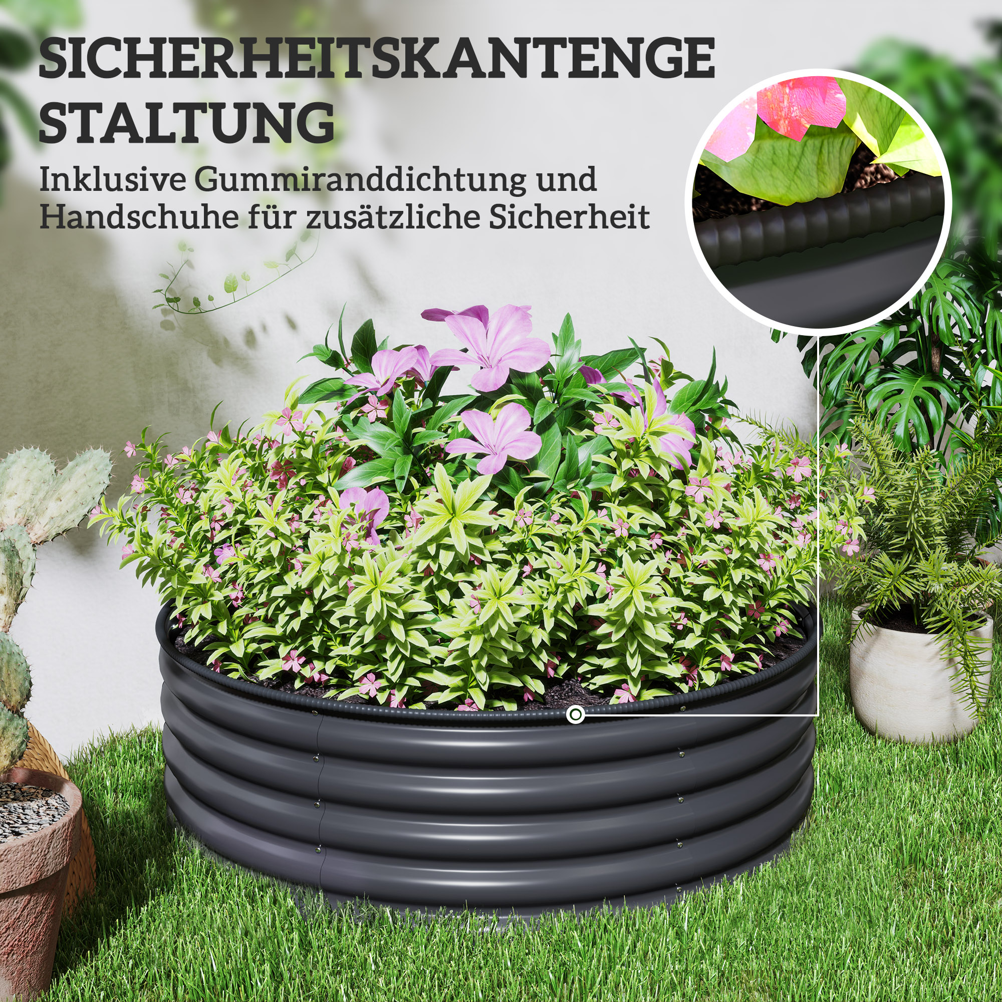 Hochbeet mit Blumen. Das Beet ist schwarz mit Wellendesign. Pflanzen und Blumen darin.