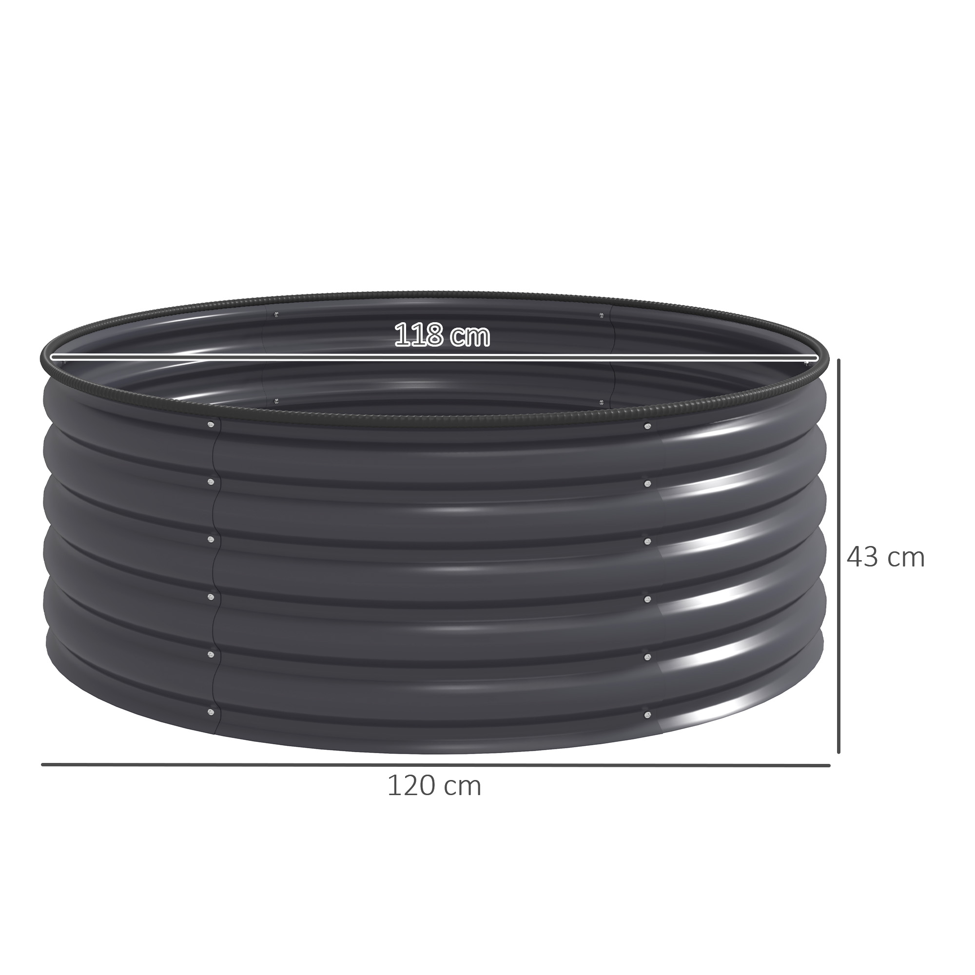 Schwarzes, rundes Hochbeet. Es hat Maße in cm, 118 cm, 120 cm und 43 cm. Details werden gezeigt.