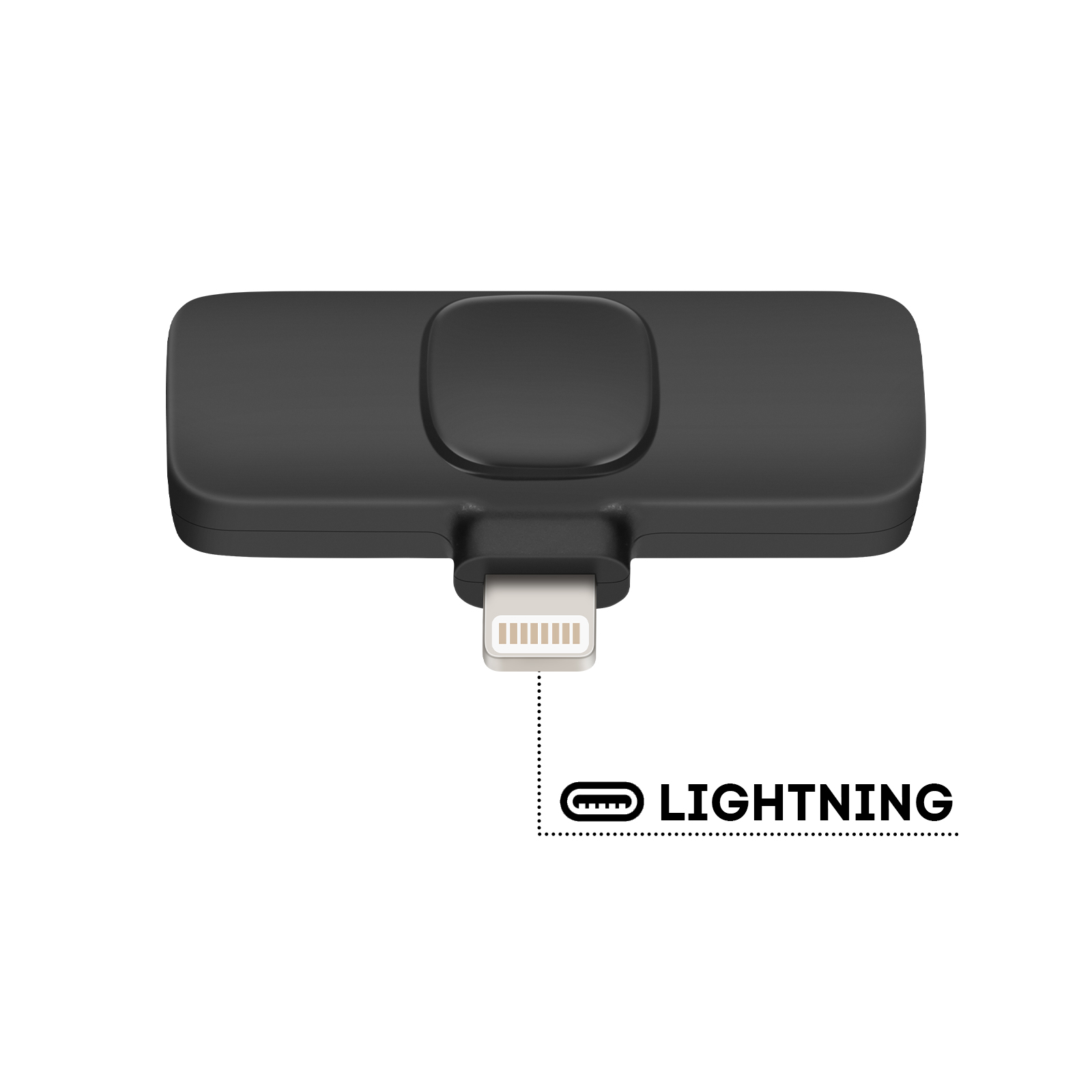 Ein schwarzes Gerät mit Lightning-Anschluss und einem Anschluss für ein Telefon, mit dem Text 'LIGHTNING'.