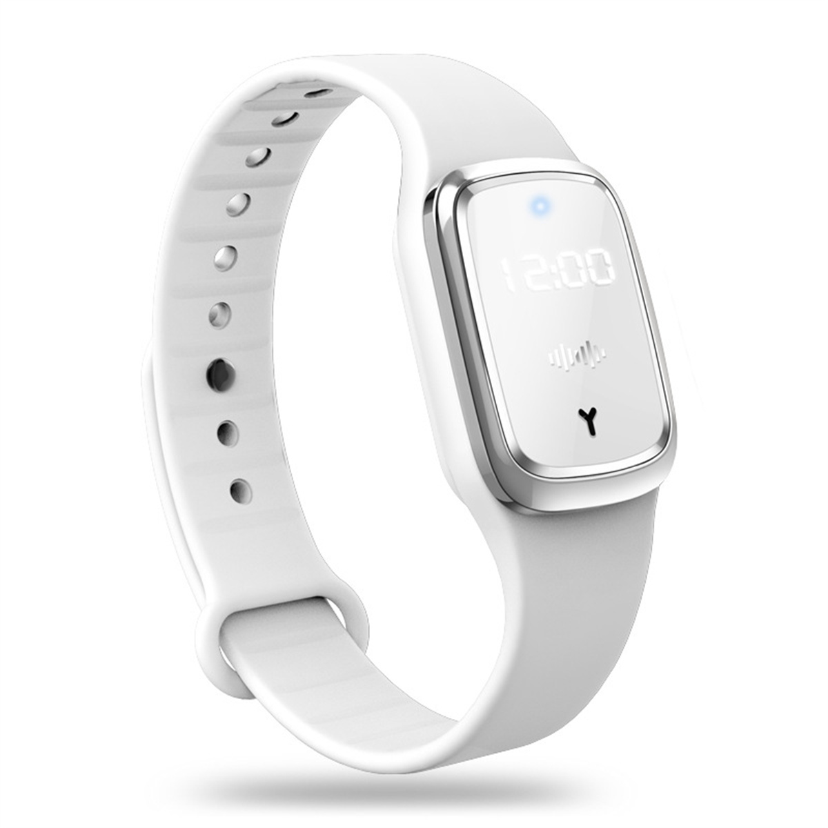 Ein weißes Armband mit Digitalanzeige, die Zeit anzeigt, mit einem blauen Licht.