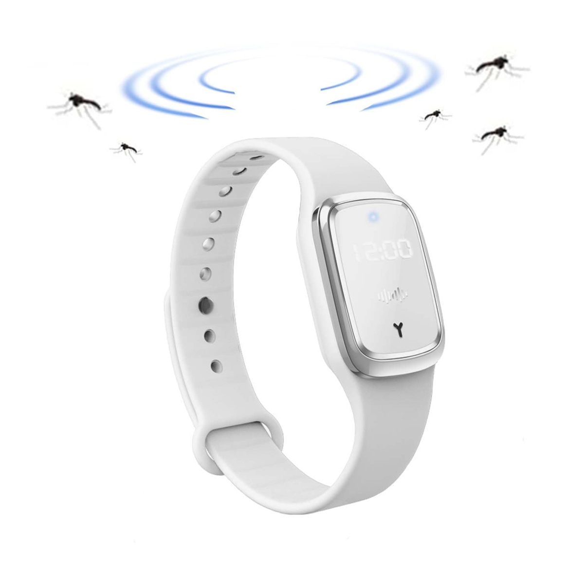 Weißes Smart-Armband mit Bildschirm. Mücken fliegen darum.