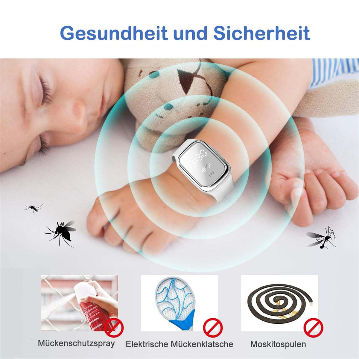 Ein schlafendes Baby mit Uhr am Handgelenk, umgeben von Mückenillustrationen und Abwehrmitteln mit rotem X.
