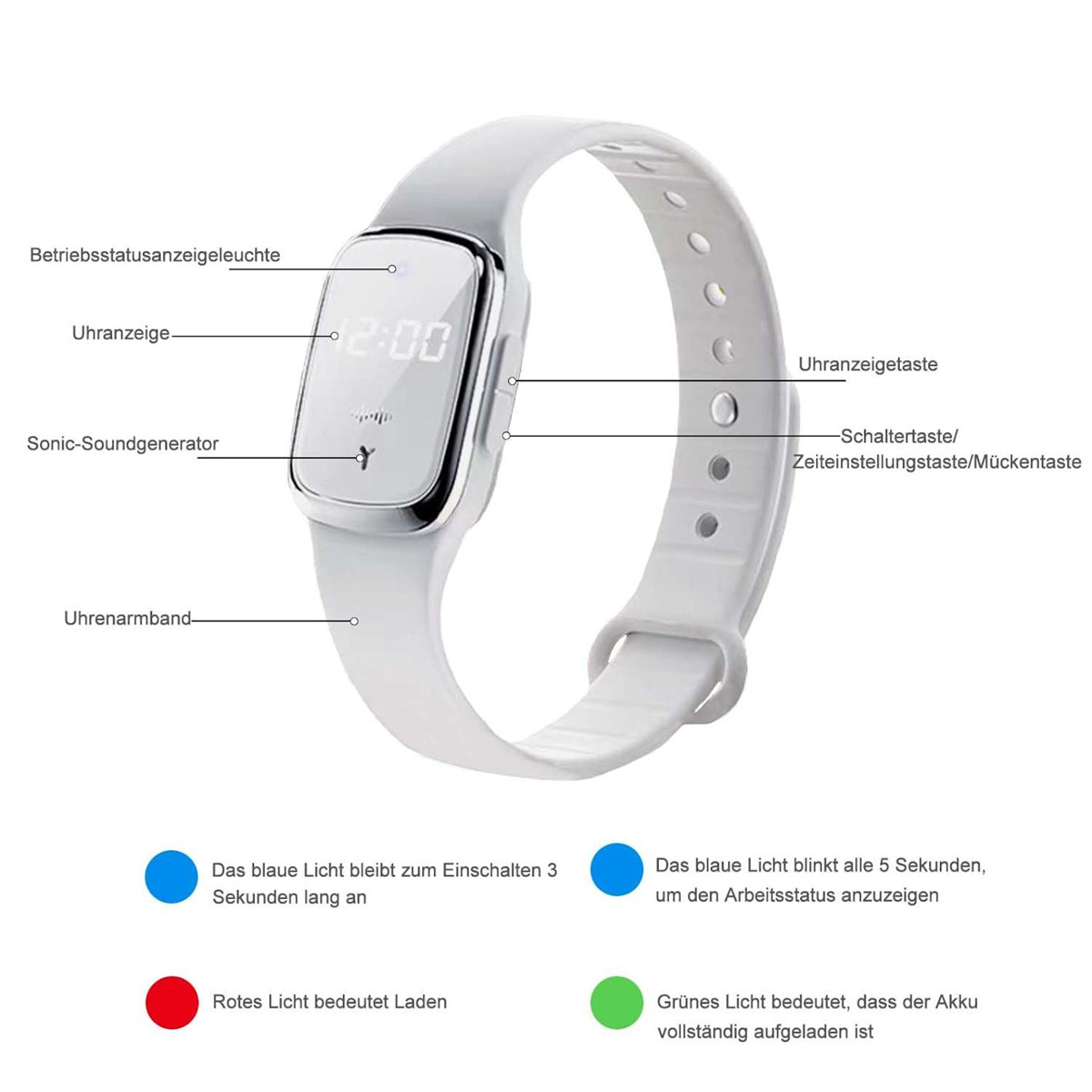 Weißes Smart-Armband mit Beschriftungen. Blaue, rote und grüne Lichter.