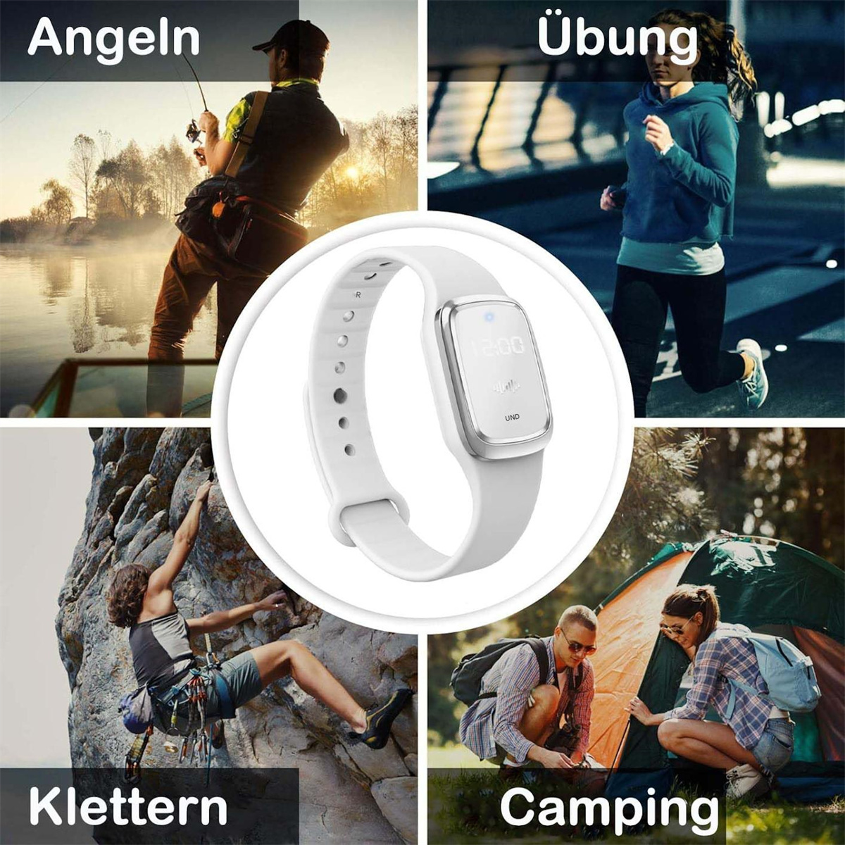 Vier Bilder: Angeln, Laufen, Klettern und Camping. Eine weiße Smartwatch befindet sich in der Mitte.