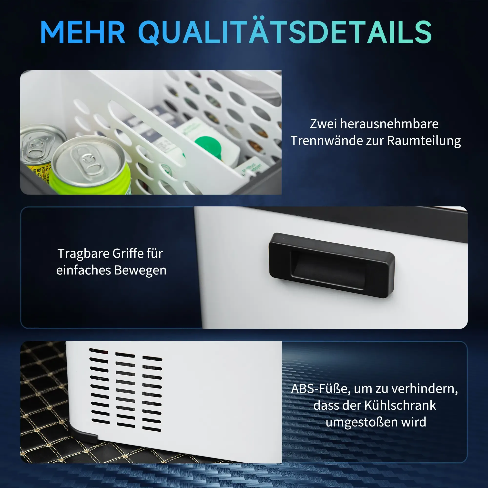 Nahaufnahmen eines weißen Kühlschranks, die interne Trennwände, Griffe und Belüftungsmerkmale zeigen.