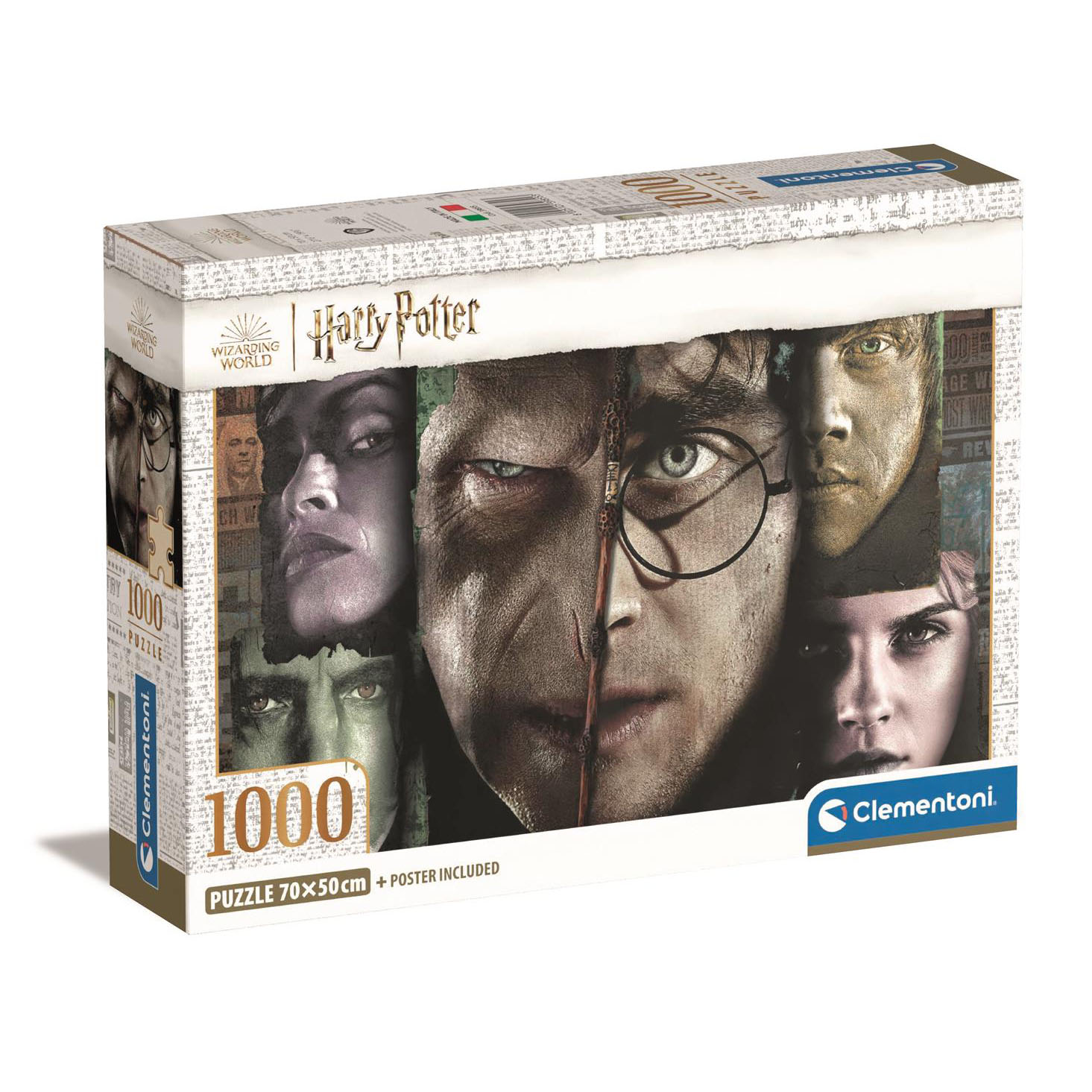 Una scatola di puzzle di Harry Potter con facce di Harry Potter. La scatola ha uno sfondo bianco.