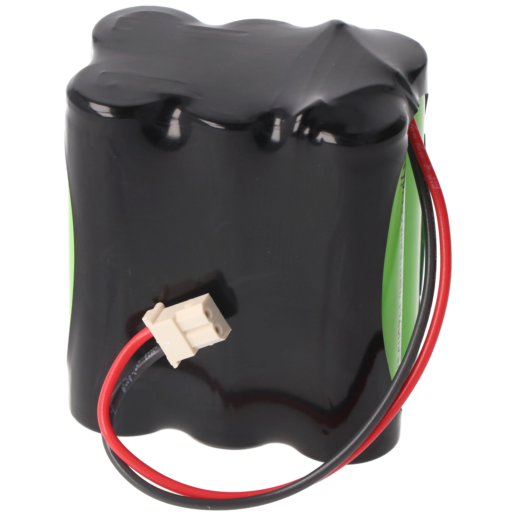 Ein schwarzes Batteriepack mit roten und schwarzen Drähten, die an einen weißen Stecker angeschlossen sind.