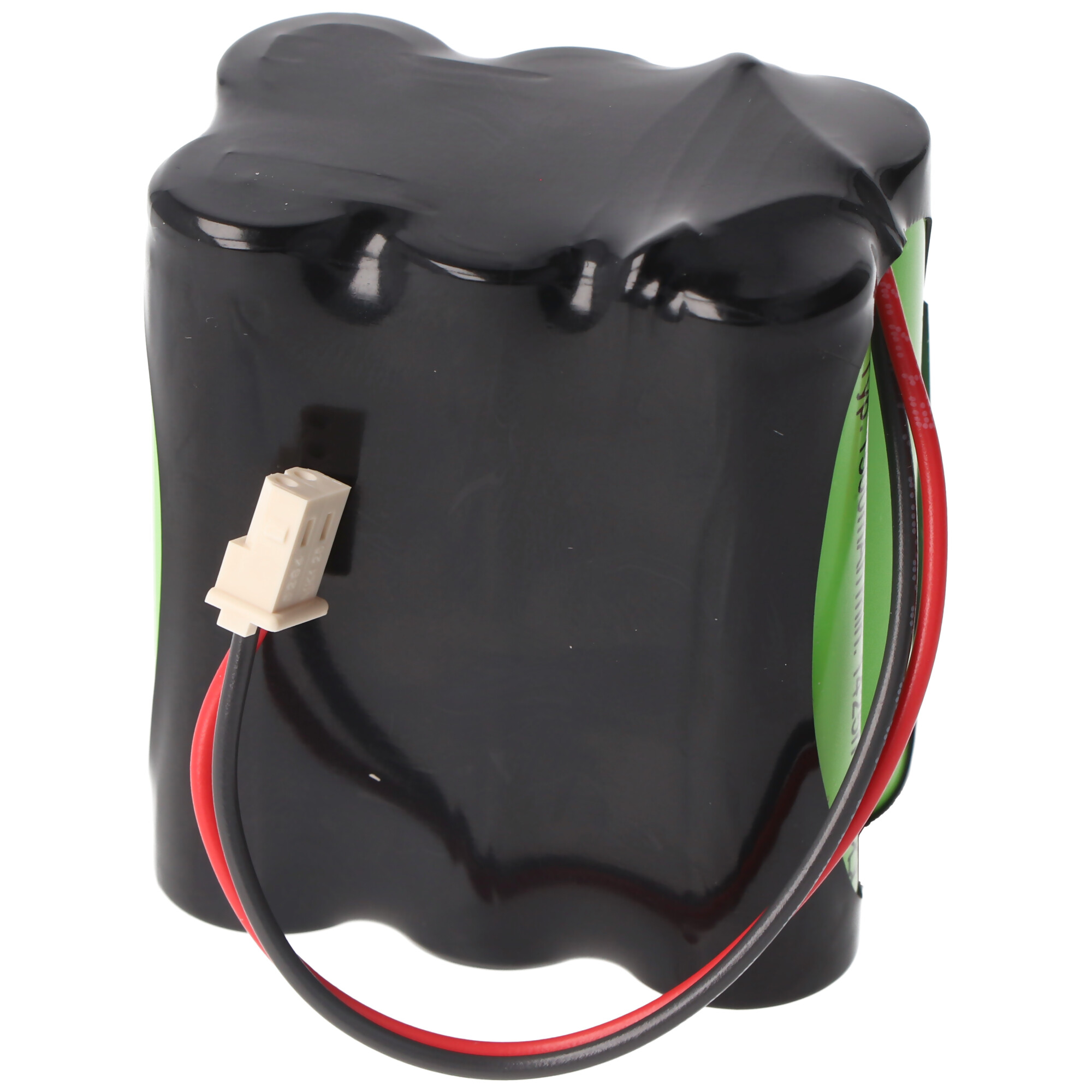Ein schwarzes Batteriepack mit roten und schwarzen Drähten, die an einen weißen Stecker angeschlossen sind.