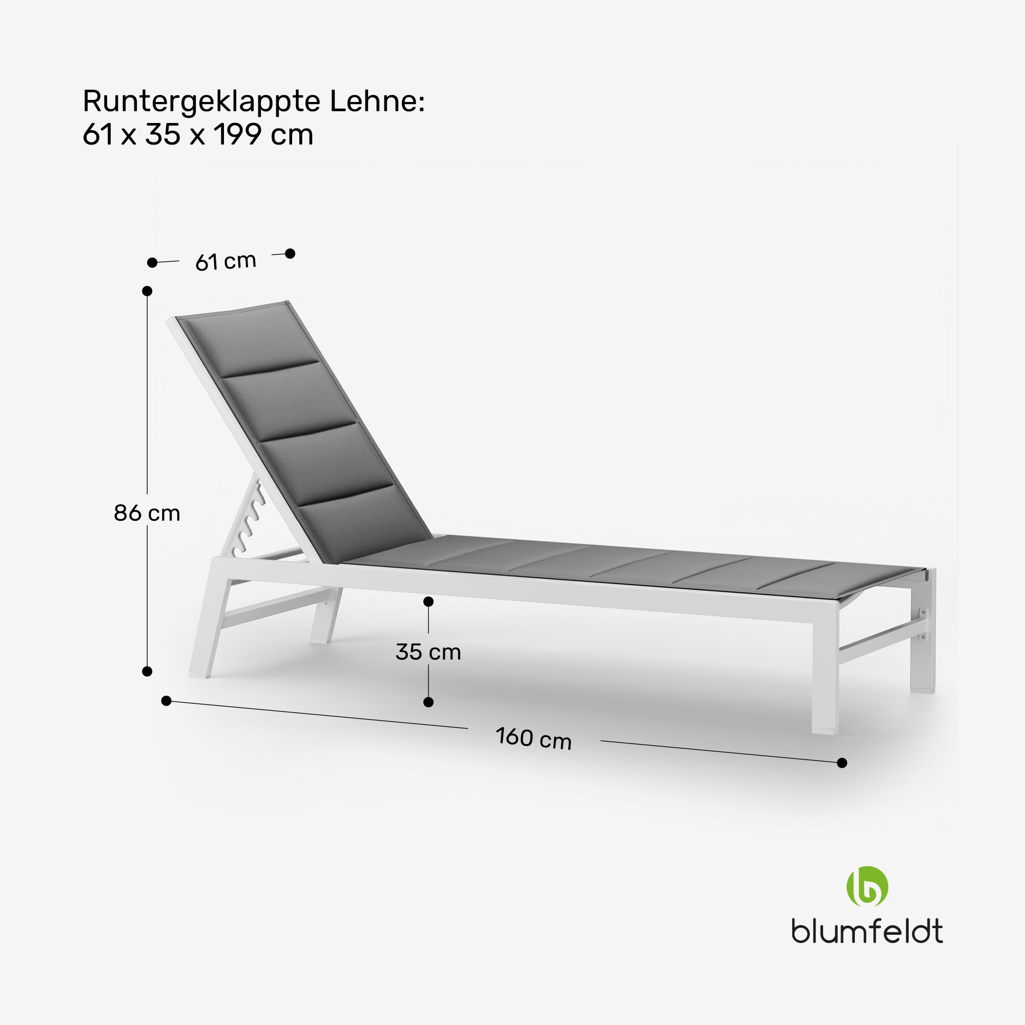 Ein weißer und grauer Liegestuhl mit Abmessungen in cm. Der Stuhl ist isoliert.