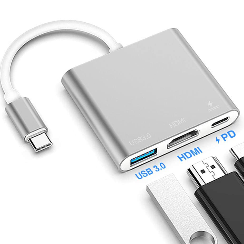 Silberner USB-C-Hub mit HDMI- und USB 3.0-Anschlüssen.
