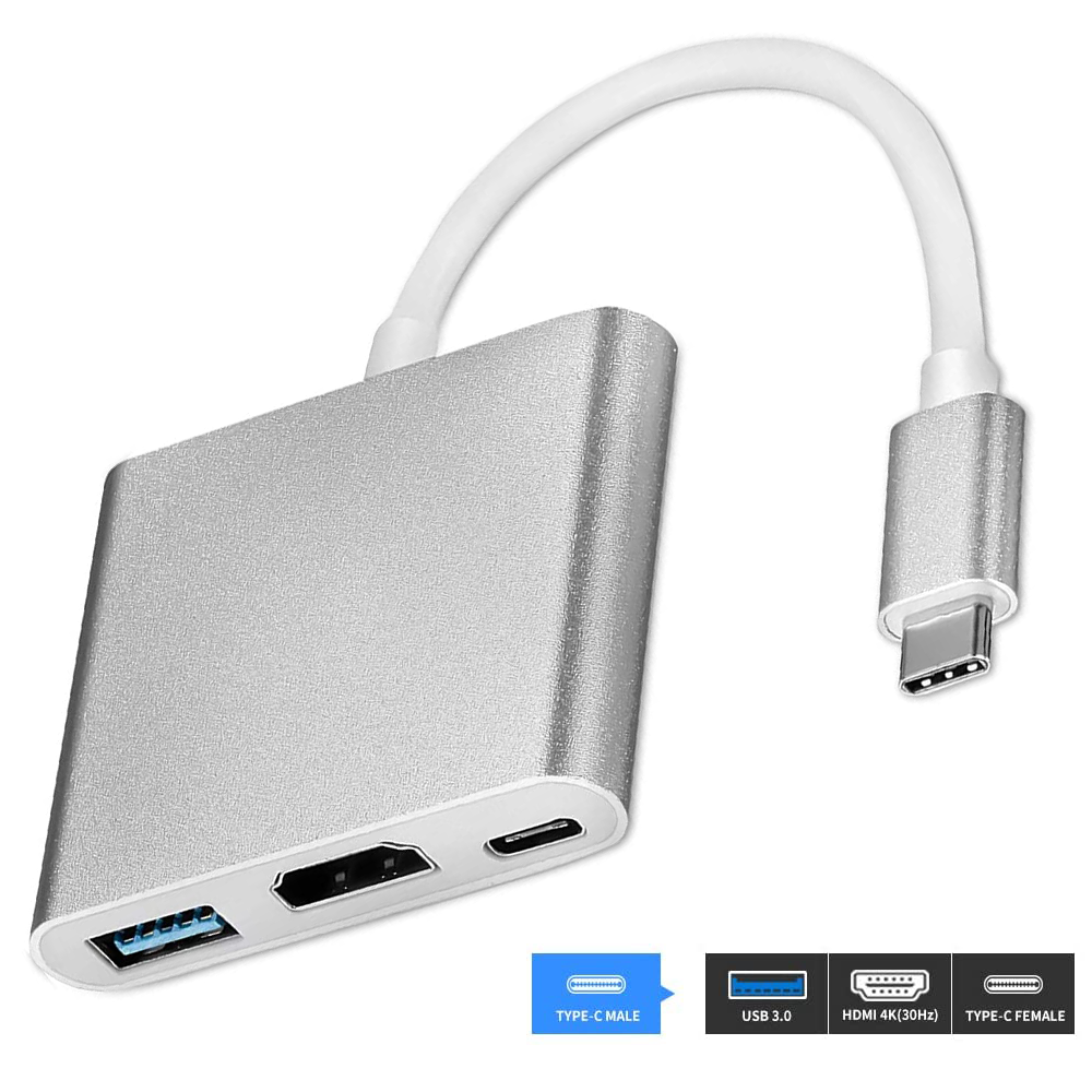 Silberner USB-C-Hub mit mehreren Anschlüssen und weißem Kabel.