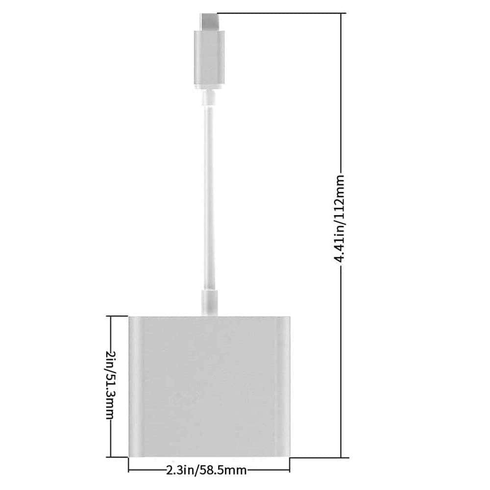 Silberner Adapter mit USB-C-Kabel und Maßen, vor weißem Hintergrund, zum Verbinden von Geräten.