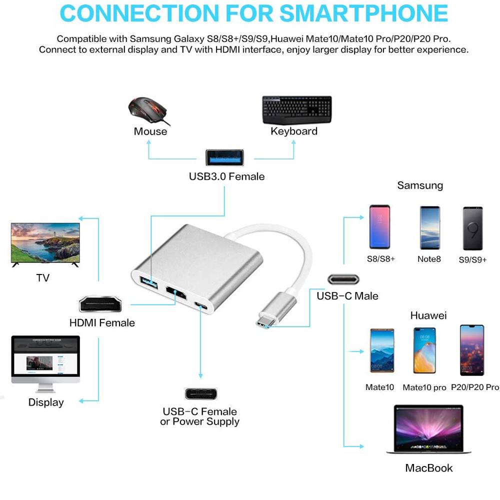 Diagramm, das Anschlussoptionen für Smartphones zeigt, einschließlich Maus, Tastatur und Fernseher, mit beschrifteten Komponenten.
