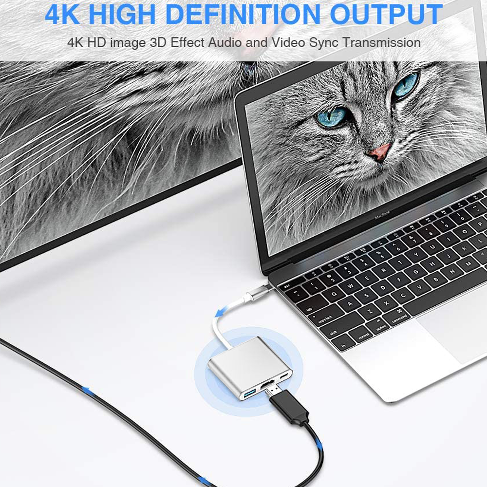 Laptop mit Katzenbild, verbunden mit Hub mit HDMI- und USB-Anschlüssen, 4K-Ausgabe.
