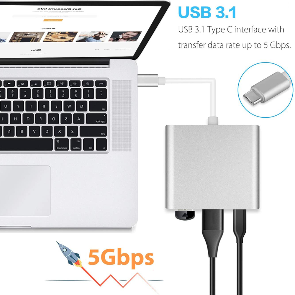 Laptop, verbunden mit silbernem USB-C-Hub mit USB-C-Kabeln, Text und Raketengrafik, vor blauem Hintergrund.