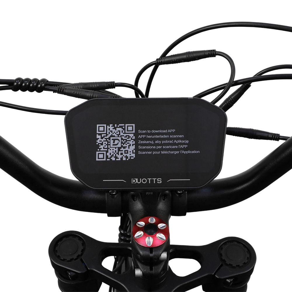 Fahrradlenker-Bildschirm mit QR-Code. Anzeige zeigt Anweisungen in verschiedenen Sprachen.