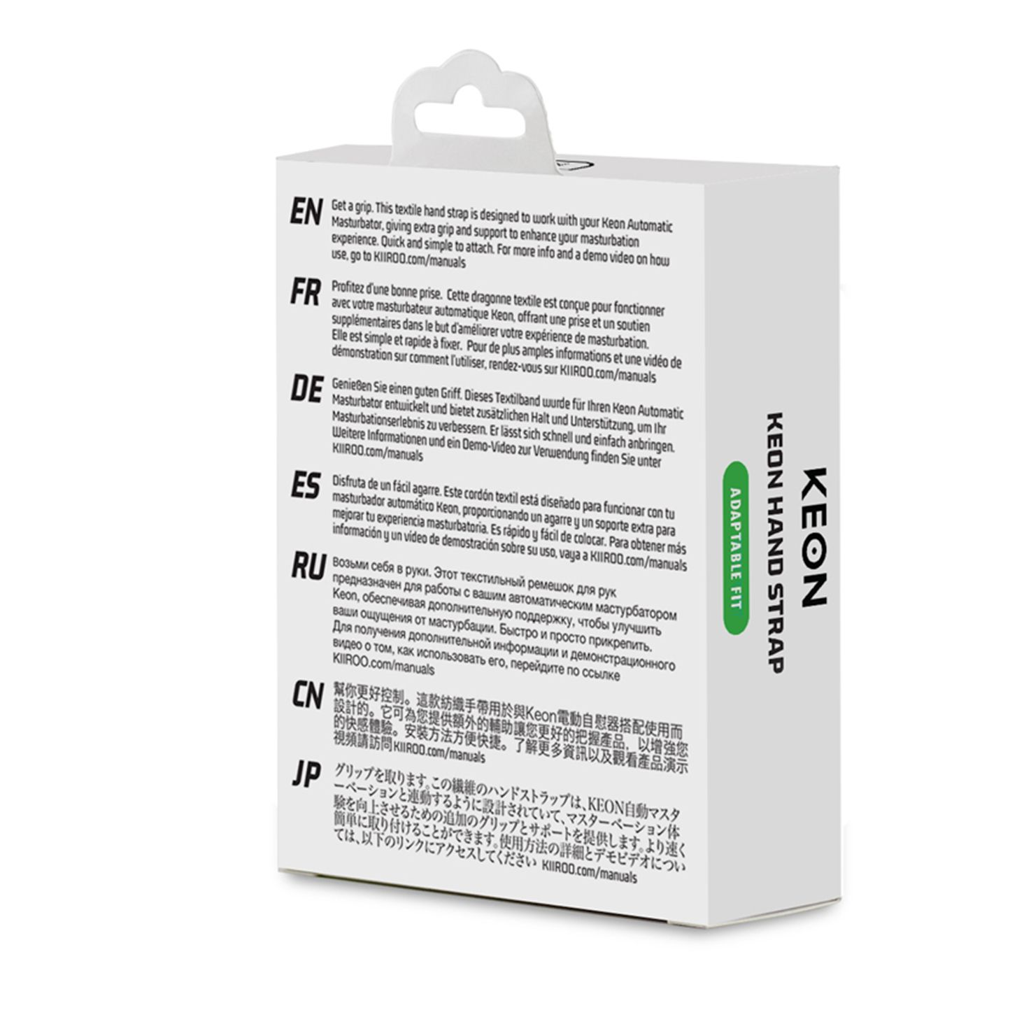 Caja blanca con texto en varios idiomas sobre una correa de mano para un dispositivo, con una imagen de la correa.