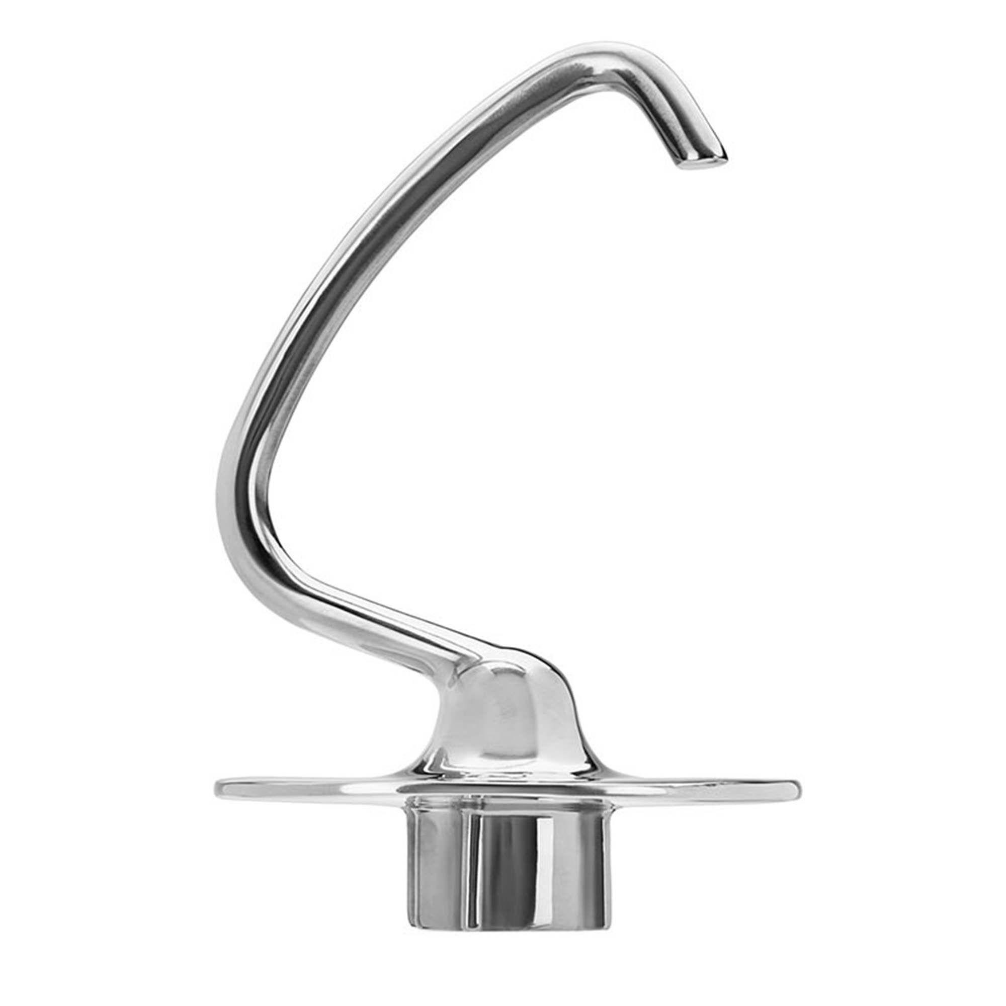 Ein silberfarbener, hakenförmiger Küchenmixer-Aufsatz, geschwungenes Design mit flacher Basis, isoliert auf Weiß.