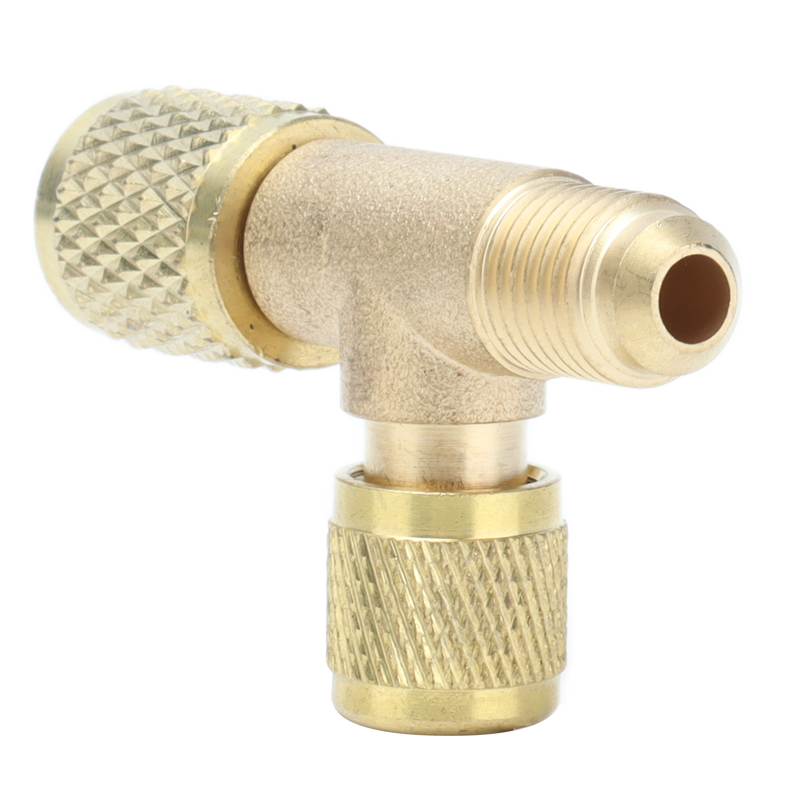 Ein abgewinkelter Messing-T-Verbinder mit Drehventil und Gewindeende.