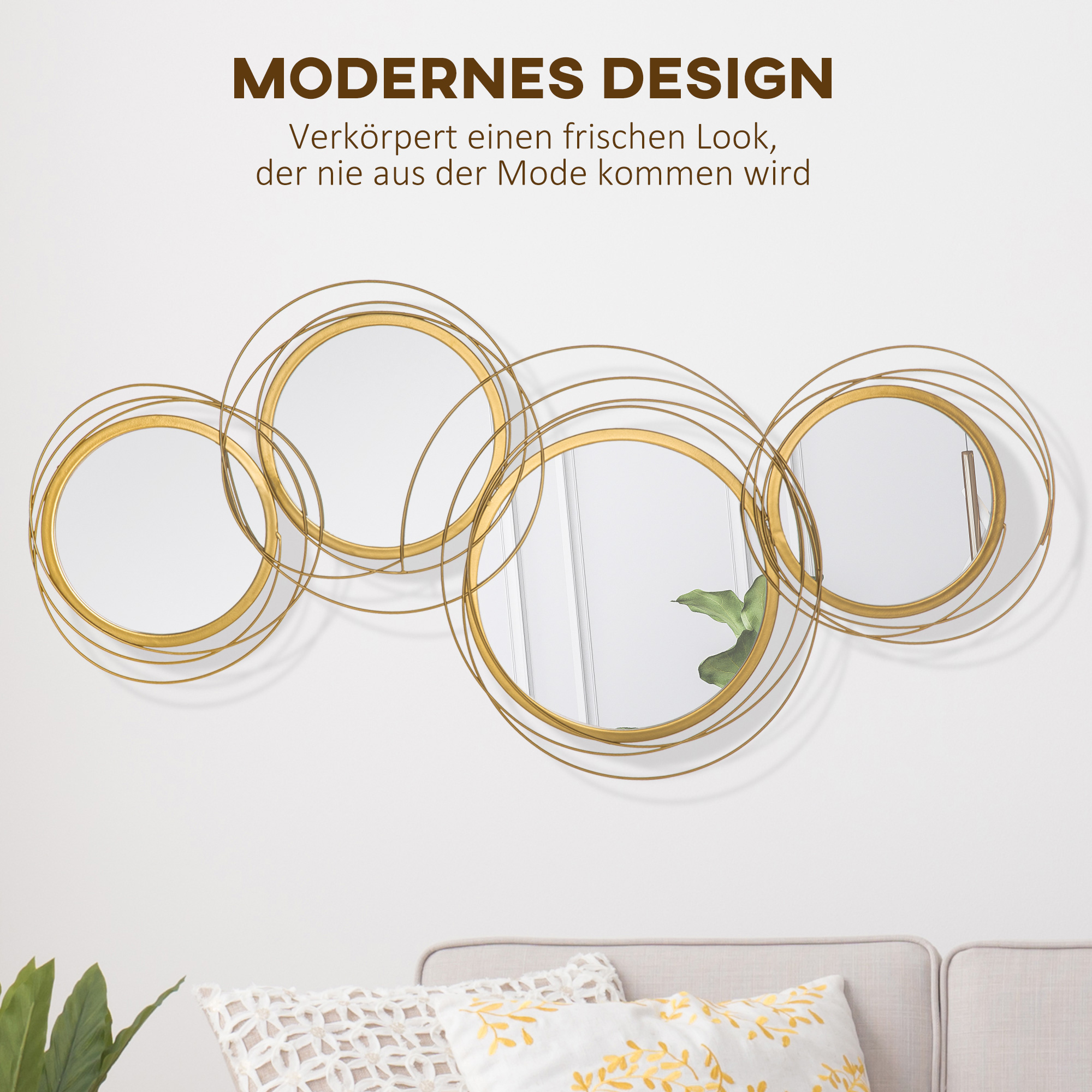 Wanddekoration mit goldenen Ringen und Spiegeln. Text oben. Weißer Hintergrund.