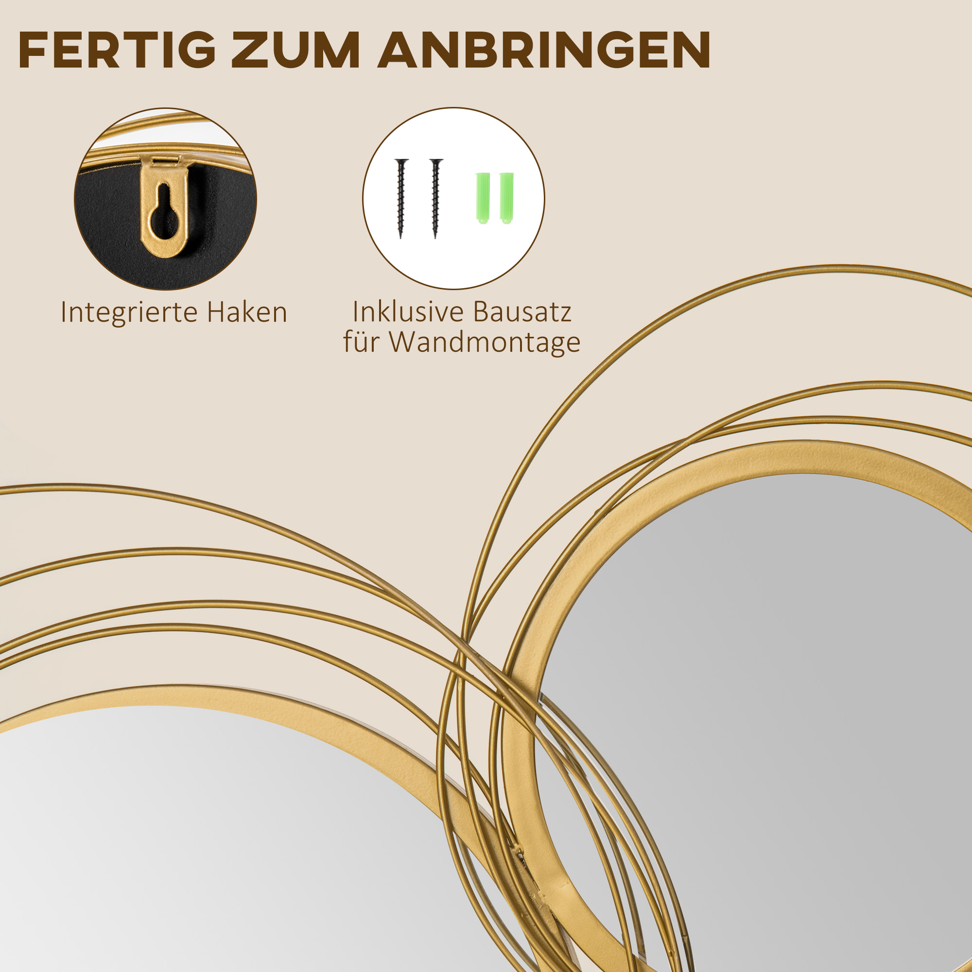 Nahaufnahme eines Wandkunst-Details mit Haken, Schrauben und Spiegeldarstellungen.