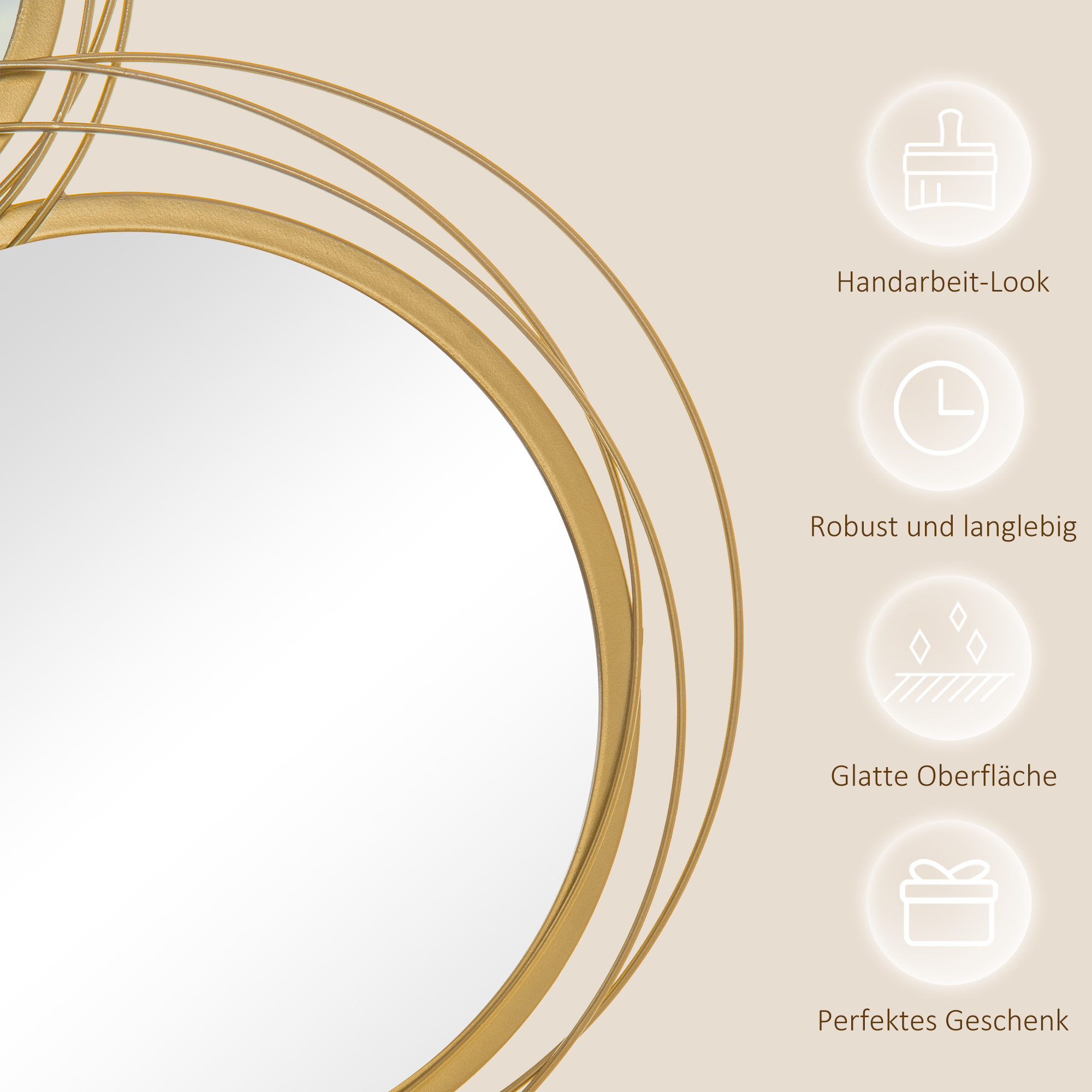 Nahaufnahme von Wandkunst mit goldenen Ringen und Spiegeln mit Texten und Illustrationen.