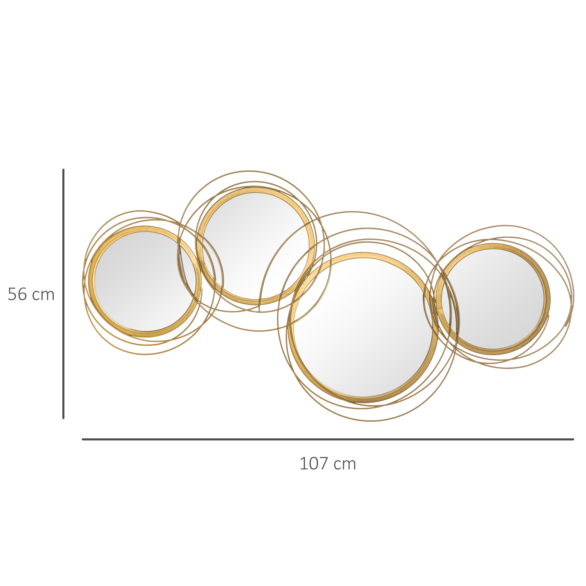 Eine Reihe von vier goldenen Kreisspiegeln mit einer weißen Wand im Hintergrund und Messungen.