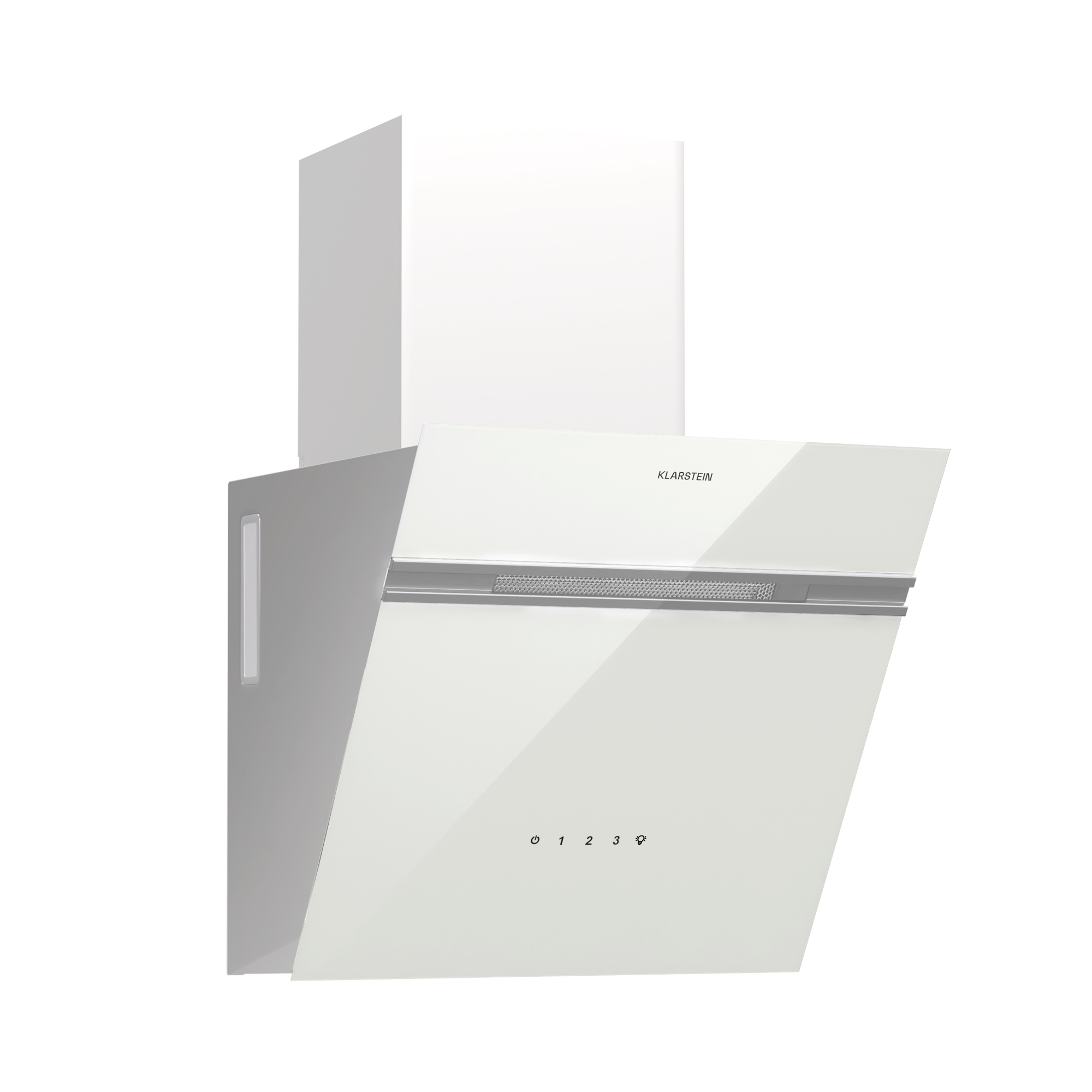 Una campana extractora blanca con frente de cristal, panel de control y la marca Klarstein.
