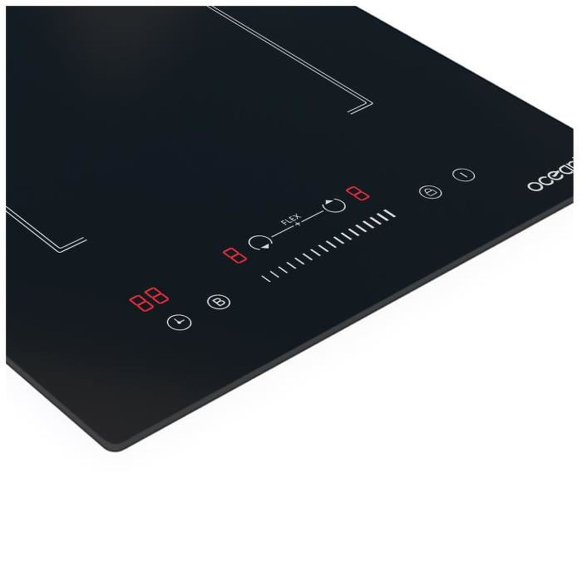 A black induction cooktop with digital displays and touch controls. The cooktop is turned on.