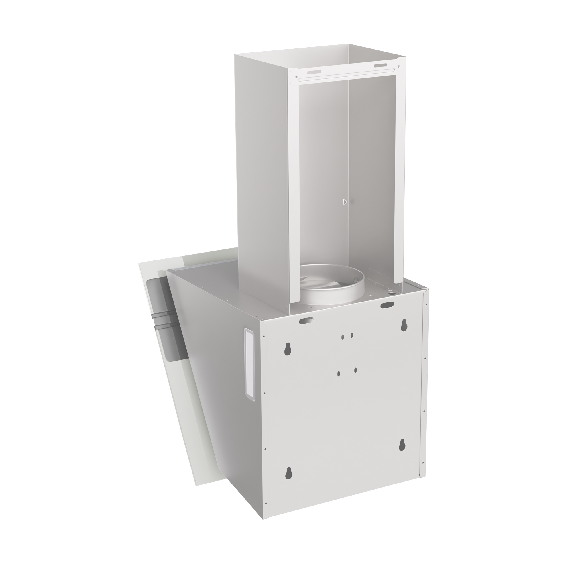 Una campana extractora blanca, con cuerpo rectangular y chimenea. Sobre un fondo blanco.