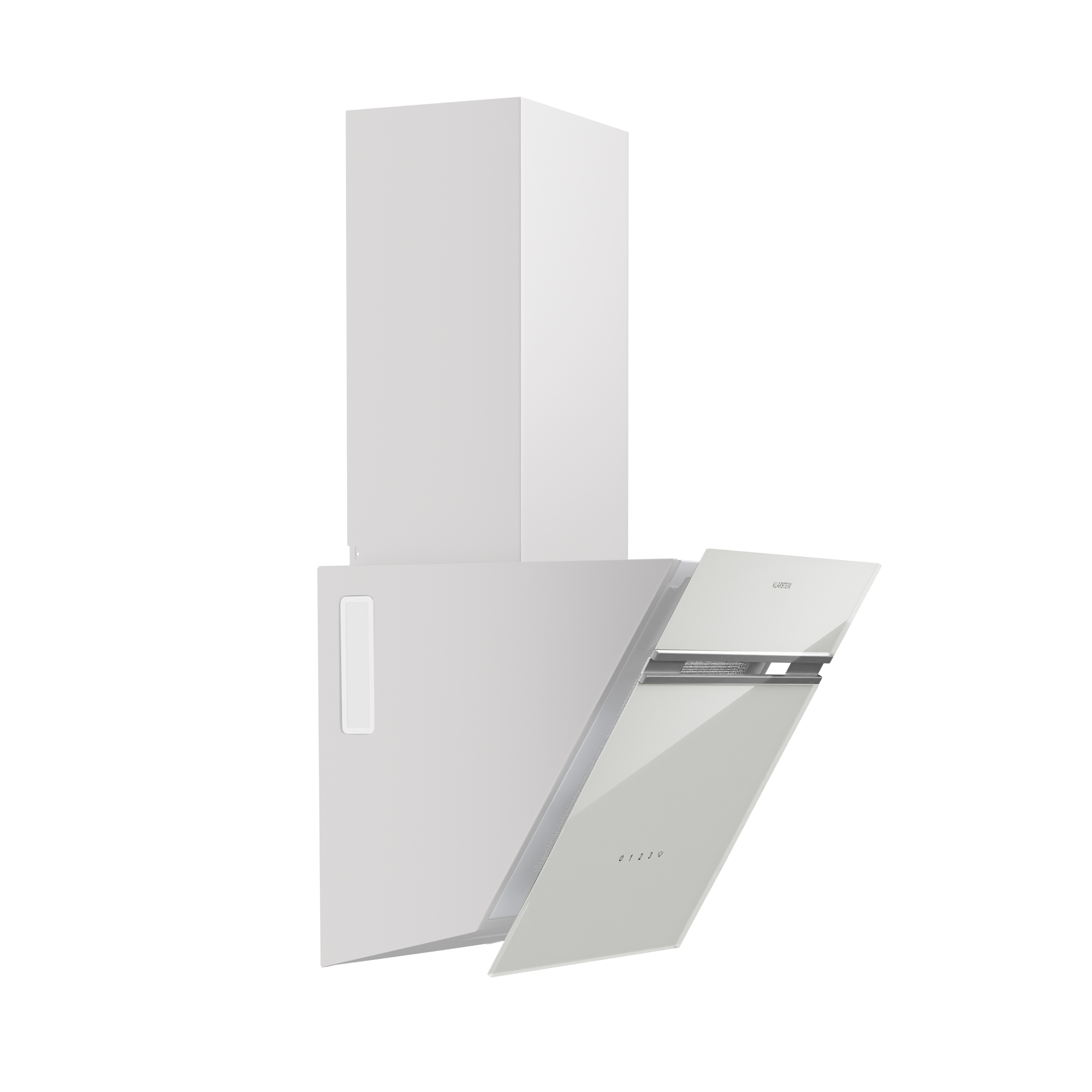 Una campana extractora blanca con frente de cristal inclinado, con botones de control y la marca 'LIZZO'.