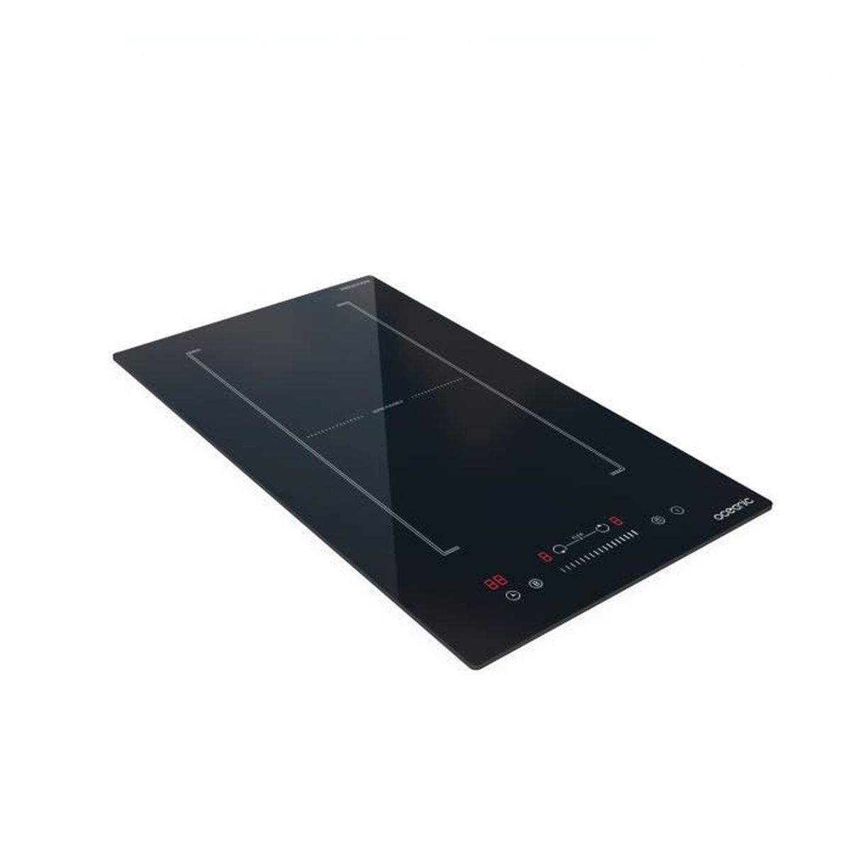 A black, rectangular induction cooktop with a shiny surface, featuring control buttons and red displays.