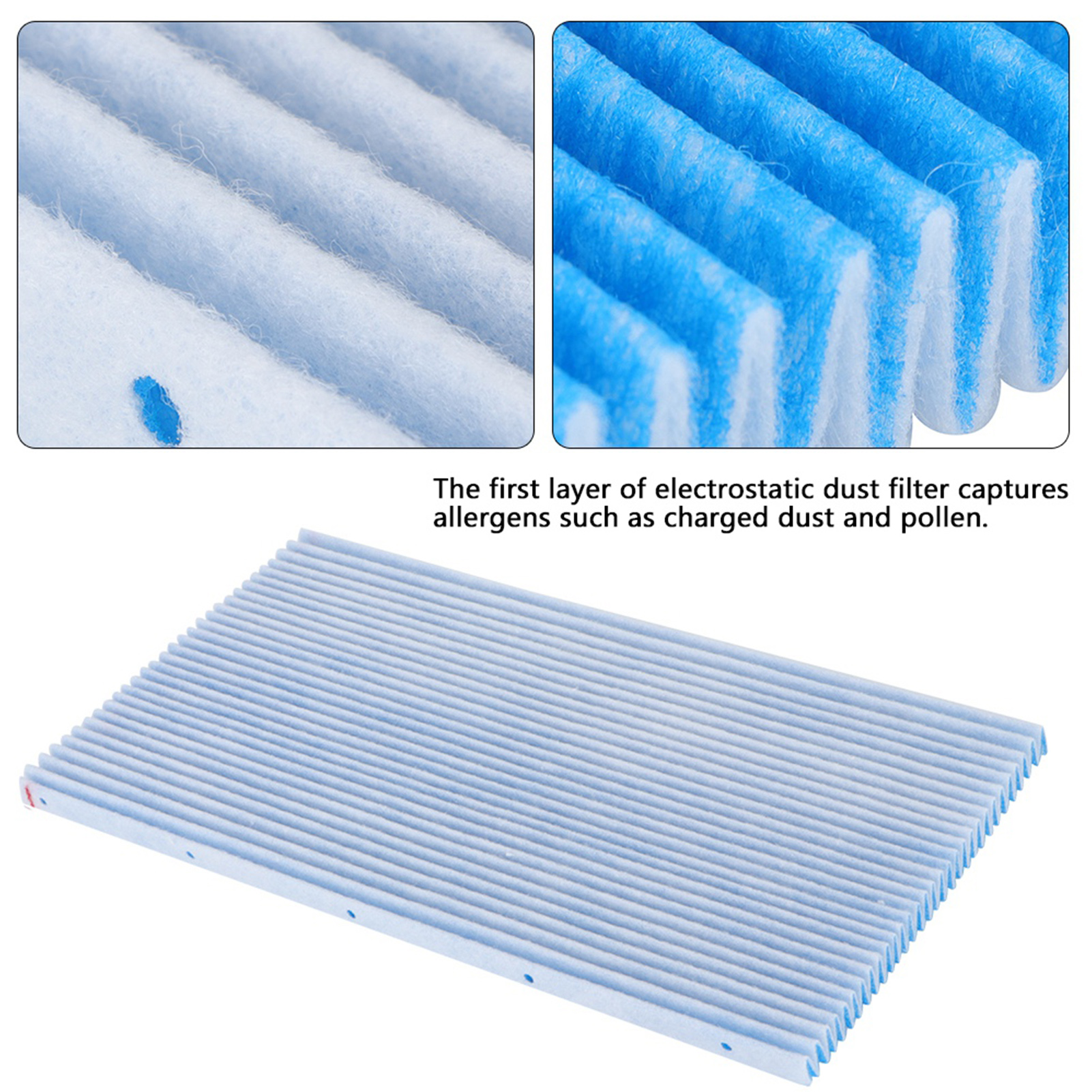 Nahaufnahme eines Luftfilters mit blauen, gefalteten Schichten, die Allergene und Staubpartikel einfangen sollen.