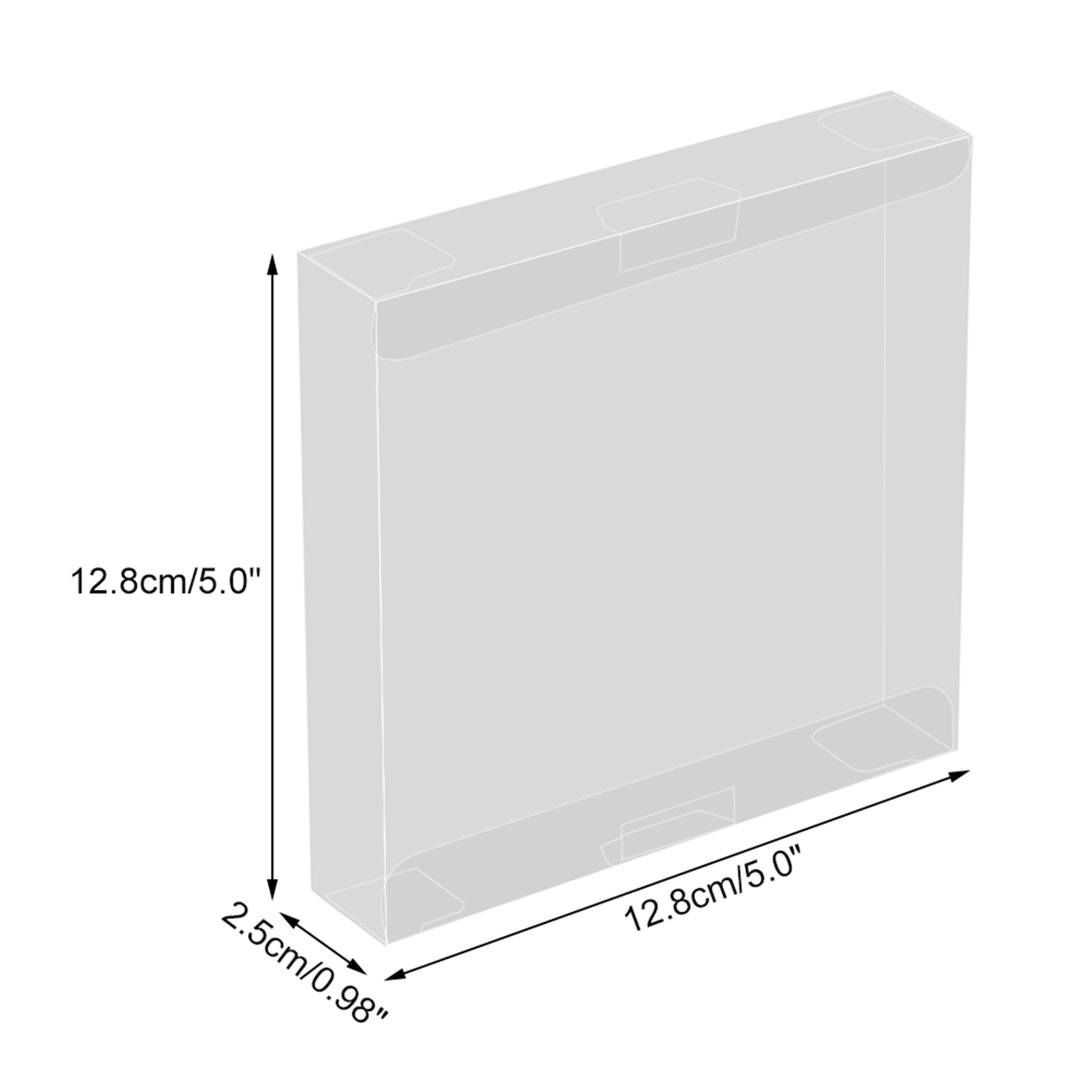 Eine transparente Box mit Abmessungen in Zentimetern und Zoll, die die Struktur der Box zeigt.
