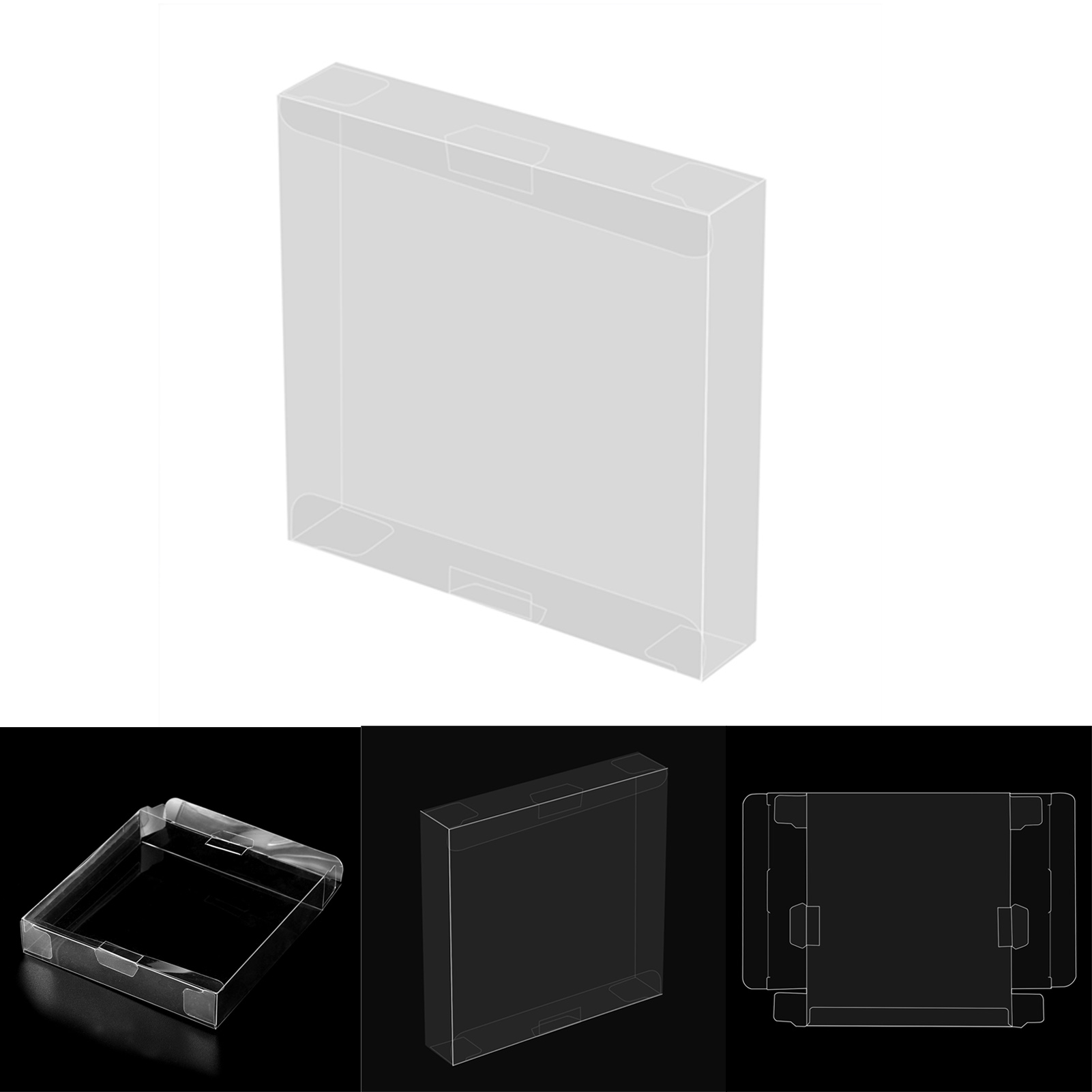 Eine transparente Plastikbox mit Deckel. Mehrere Ansichten werden gezeigt, einschließlich Box und flaches Design.