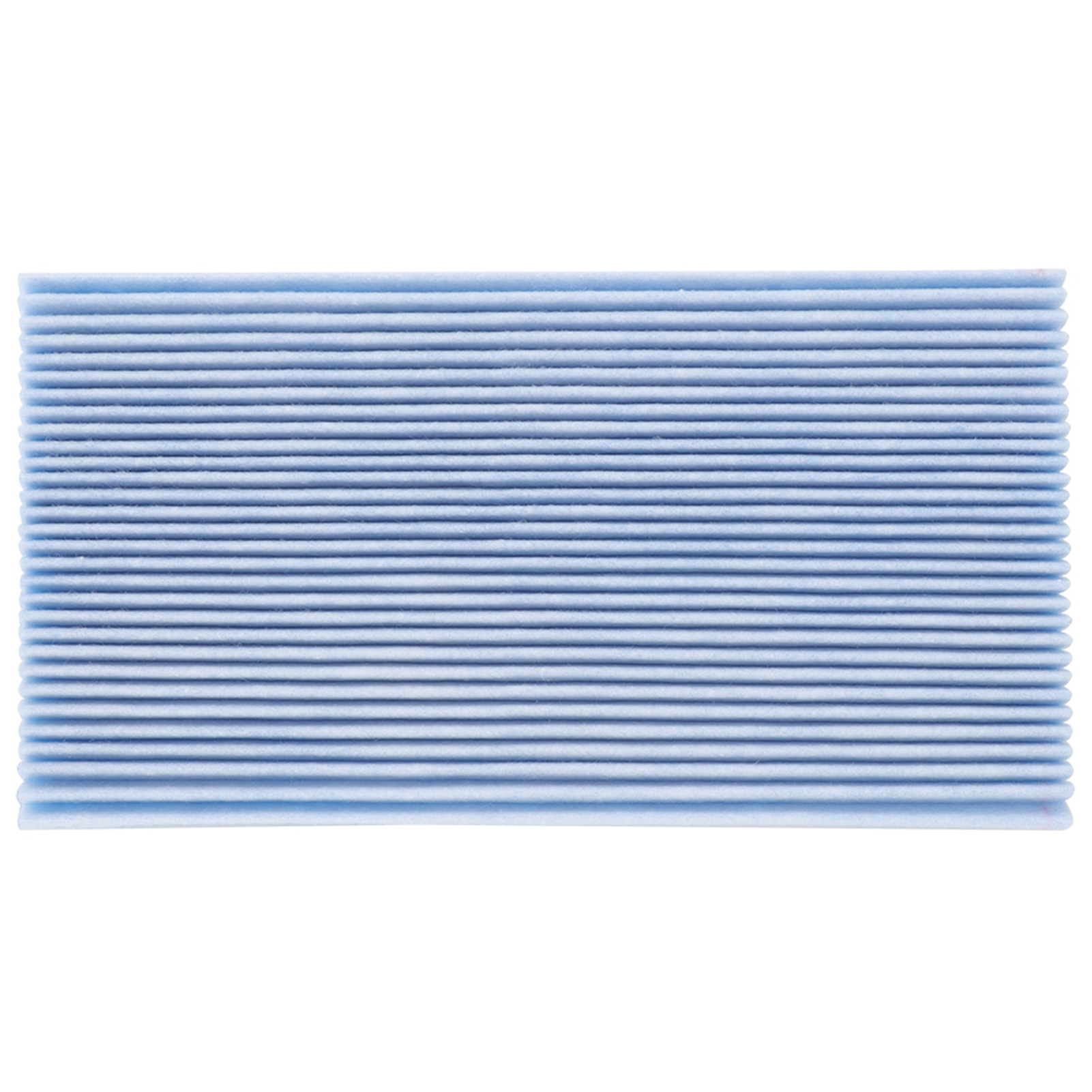 Ein blauer rechteckiger Luftfilter mit horizontalen Linien. Es ist sauber und neu.
