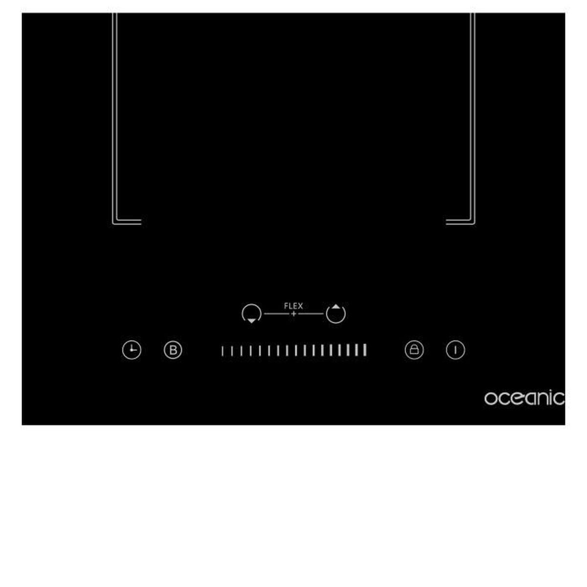 A black induction cooktop with a sleek surface, featuring control buttons and the brand name 'oceanic'.
