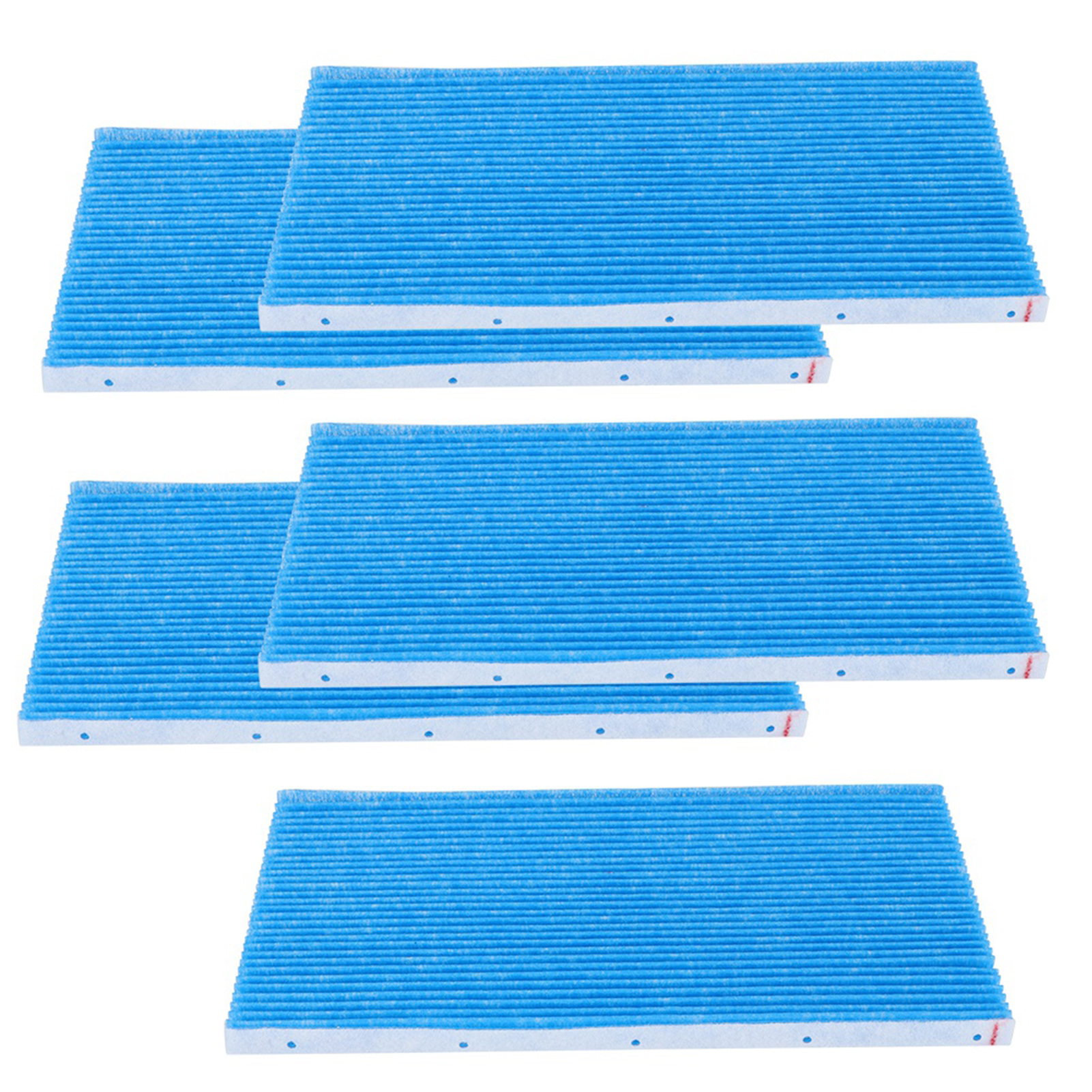 Sechs blaue rechteckige Luftfilter. Sie sind sauber und neu, mit weißen Rändern. Saubere, neue Luftfilter.