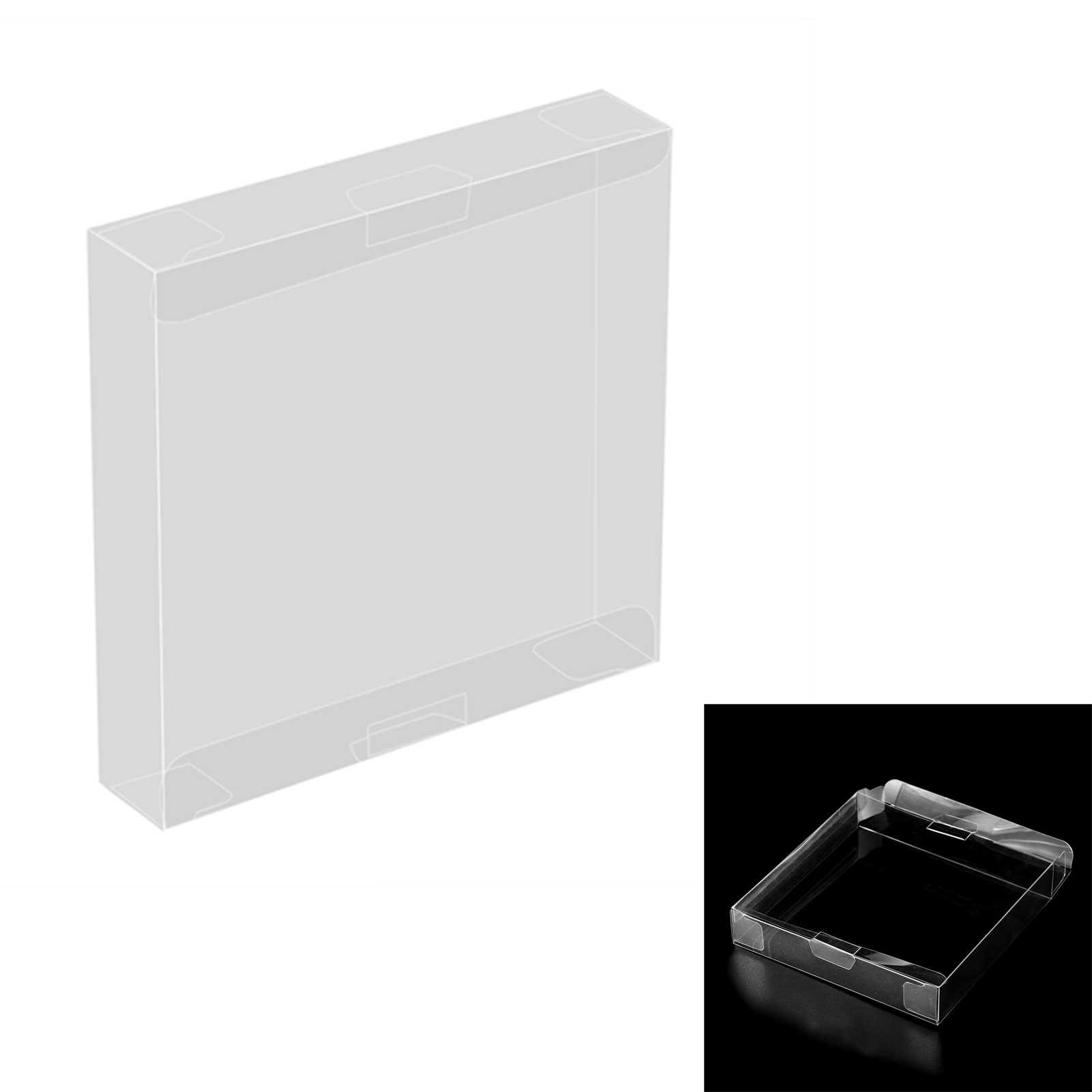 Eine transparente Box mit Deckel. Die Box wird aus mehreren Blickwinkeln gezeigt, einschließlich Draufsicht und Seitenansicht.