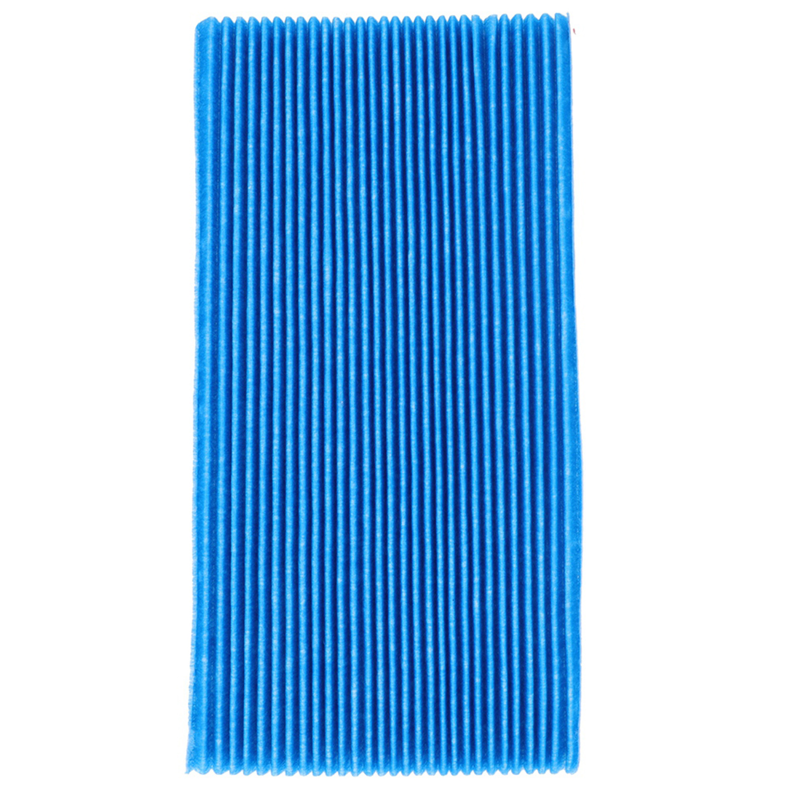 Ein blauer Luftfilter mit vertikalen Rippen. Der Filter ist sauber und einsatzbereit. Es hat eine blaue Farbe.