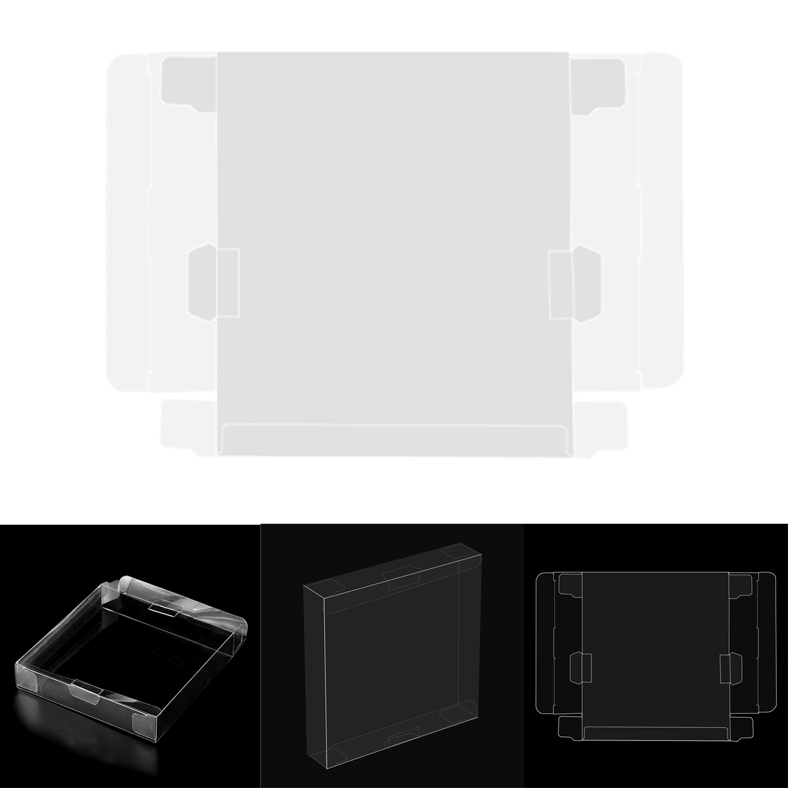 Eine transparente Box mit Deckel. Mehrere Ansichten der Box werden gezeigt, einschließlich oben, Seite und flachen Designs.