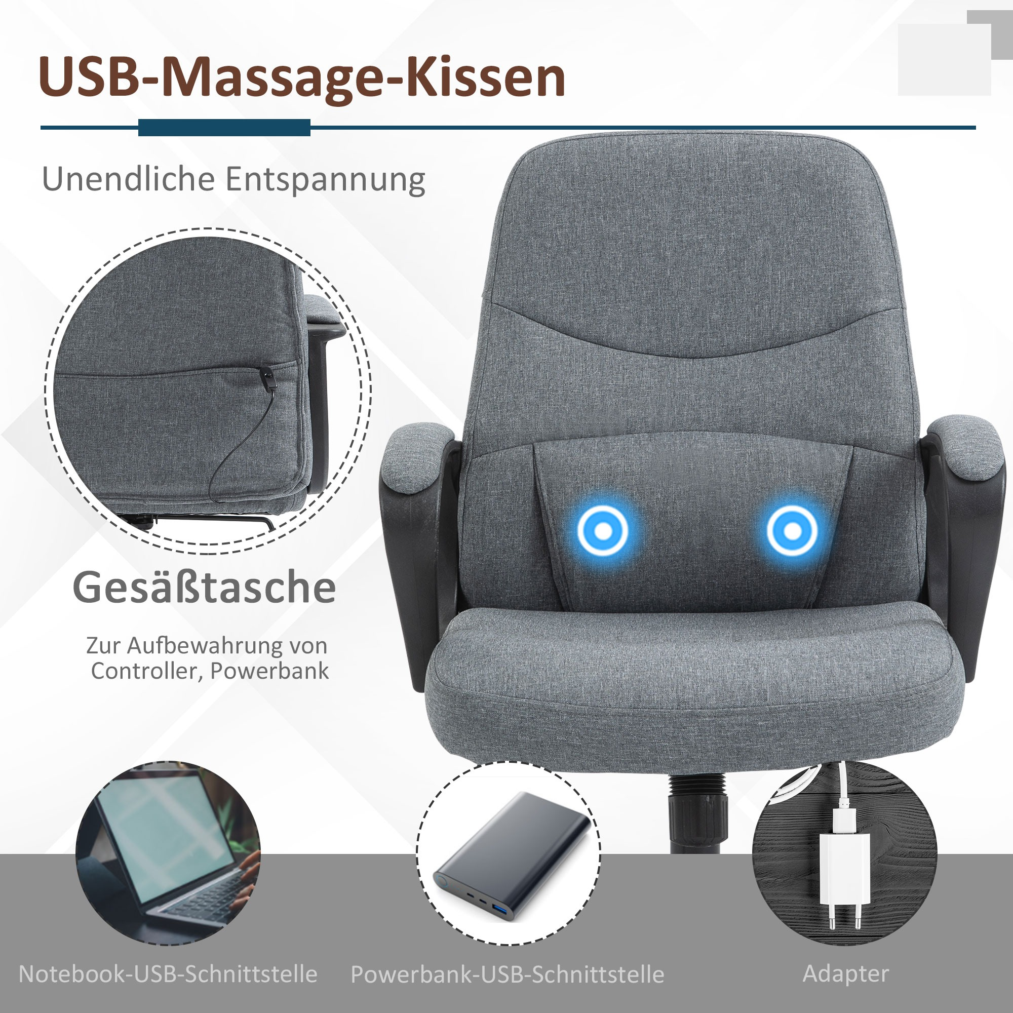 Grauer Bürostuhl mit schwarzen Armlehnen. Mit Rückenmassagegerät und Tasche für eine Powerbank.